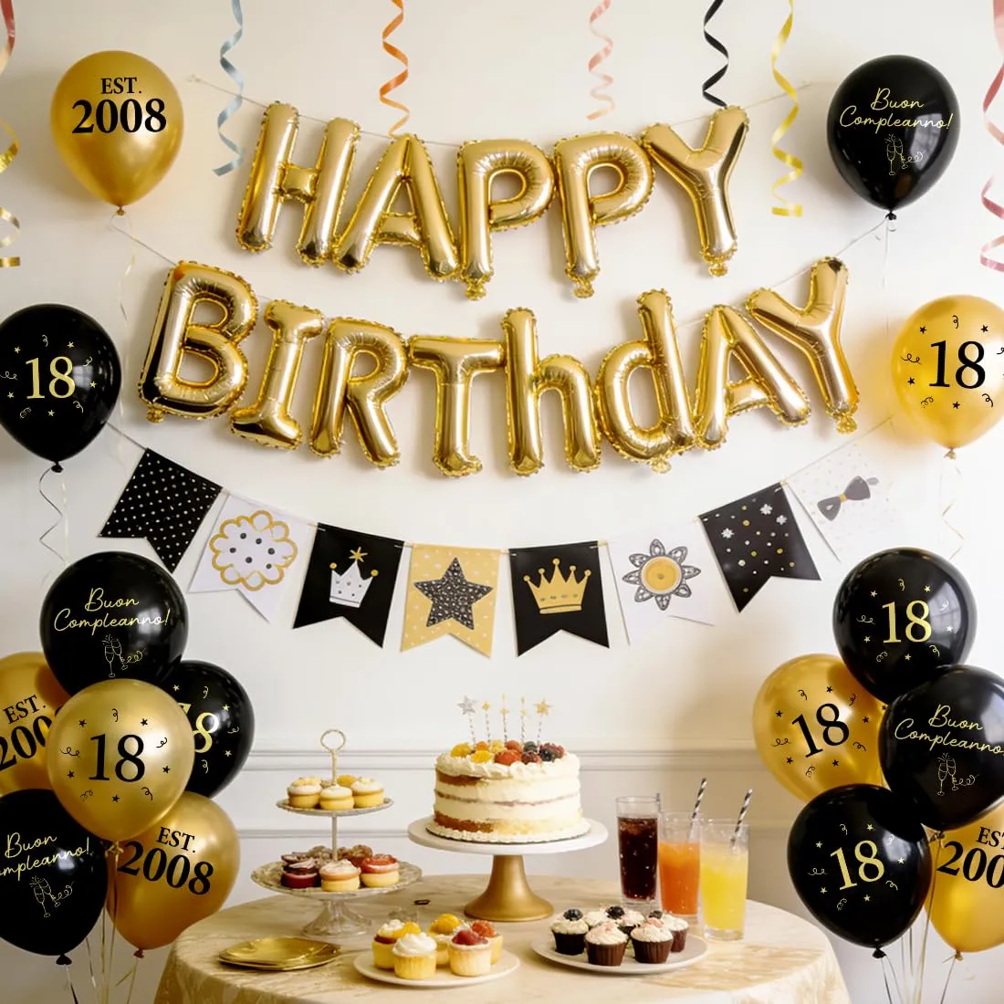 PopLuxe Decorazioni per 18° Compleanno Nero Oro, Set di 24 Palloncini EST. 2008 e Nastro - immagine 6
