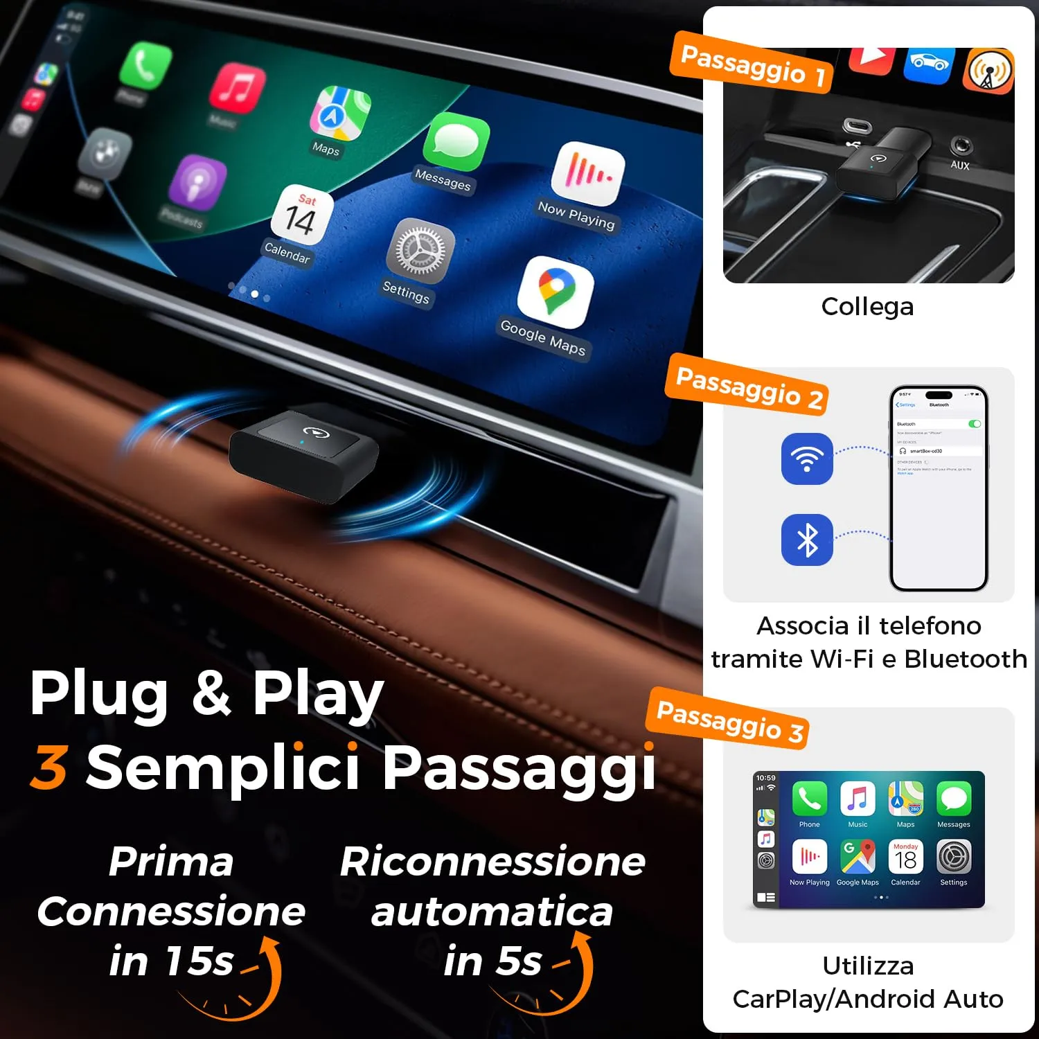 VOSFEEL Adattatore Wireless 2 in 1 per CarPlay e Android Auto, Mini, 2026 - immagine 5