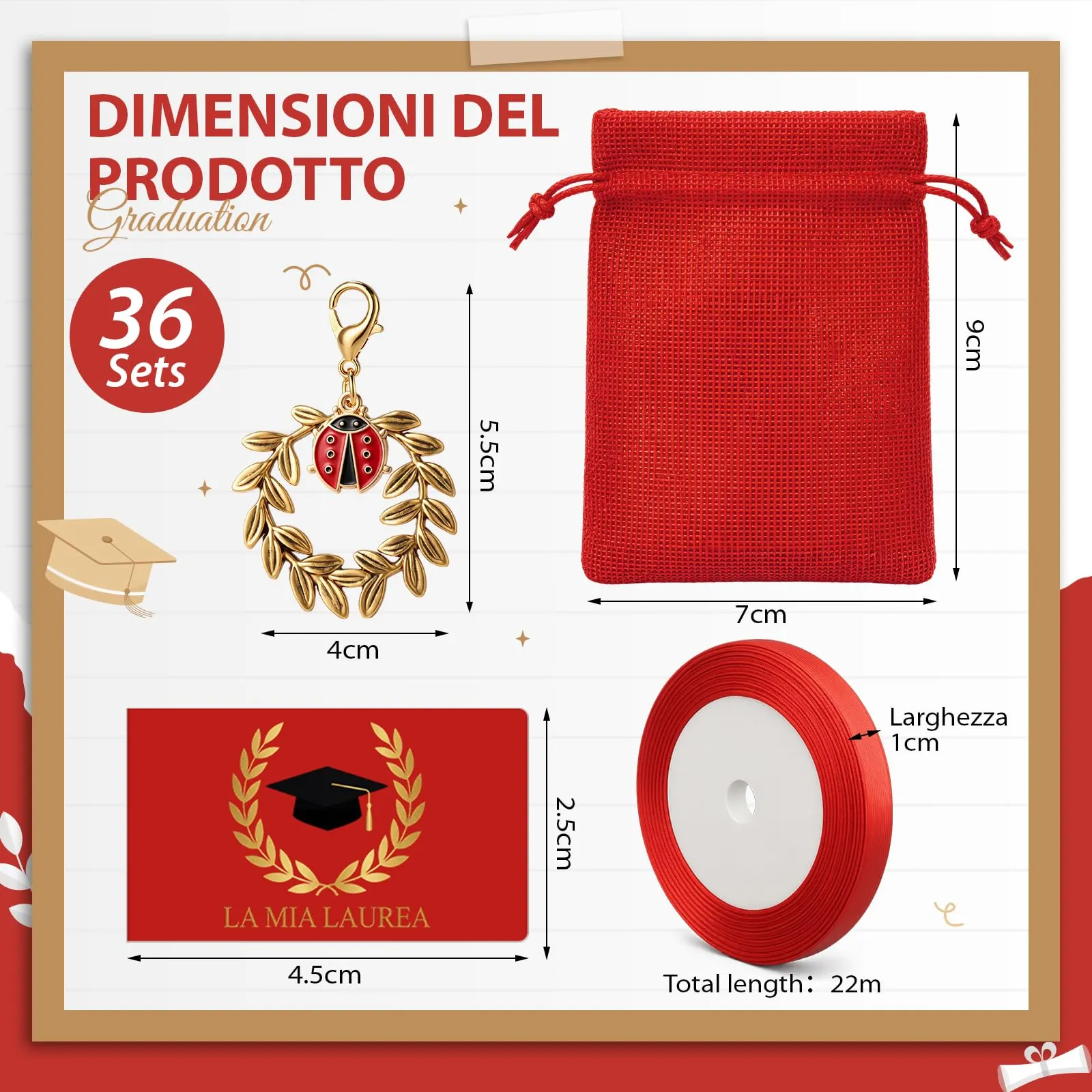 BBTO Set di 36 Bomboniere Laurea con Sacchetti Portaconfetti, Ciondoli Corona d'Alloro con Coccinella, Biglietti e Nastro Rosso - immagine 2
