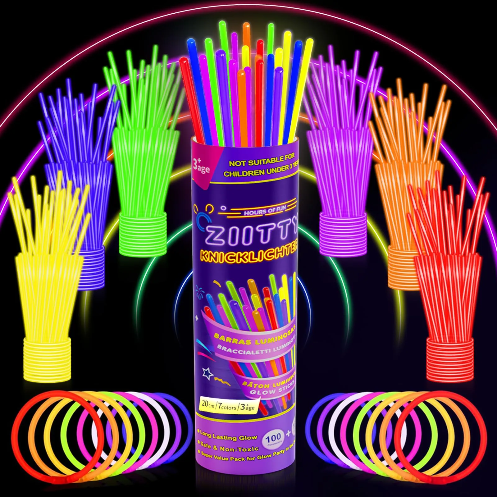 Ziitty Braccialetti Luminosi Fluorescenti, Kit 100 Glow Sticks e Connettori, 7 Colori - immagine 1