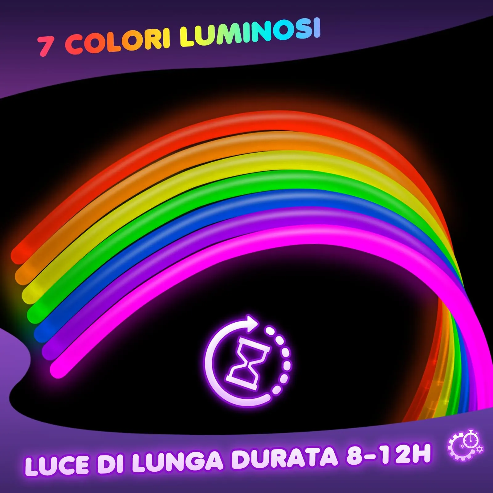Ziitty Braccialetti Luminosi Fluorescenti, Kit 100 Glow Sticks e Connettori, 7 Colori - immagine 2