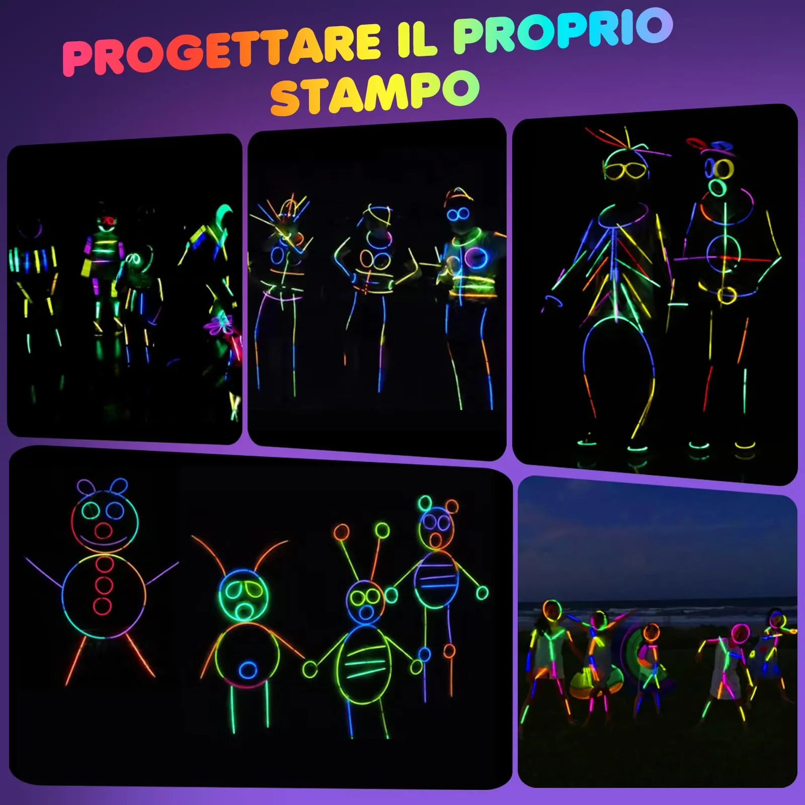 Ziitty Braccialetti Luminosi Fluorescenti, Kit 100 Glow Sticks e Connettori, 7 Colori - immagine 6