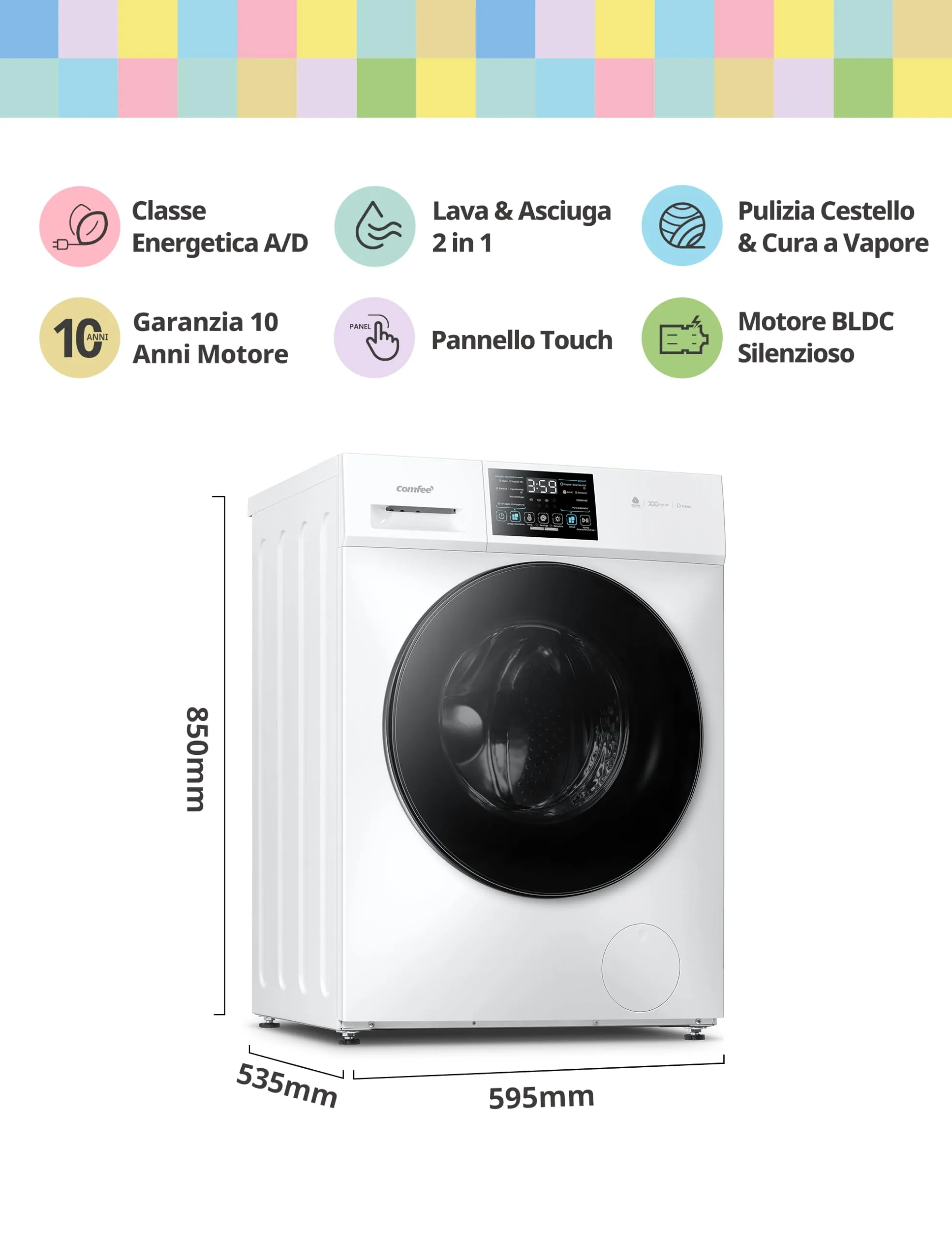 COMFEE' Lavasciuga 10/7 kg Classe A/D 1400 Giri Motore Inverter CFP03ED100W-IT - immagine 2