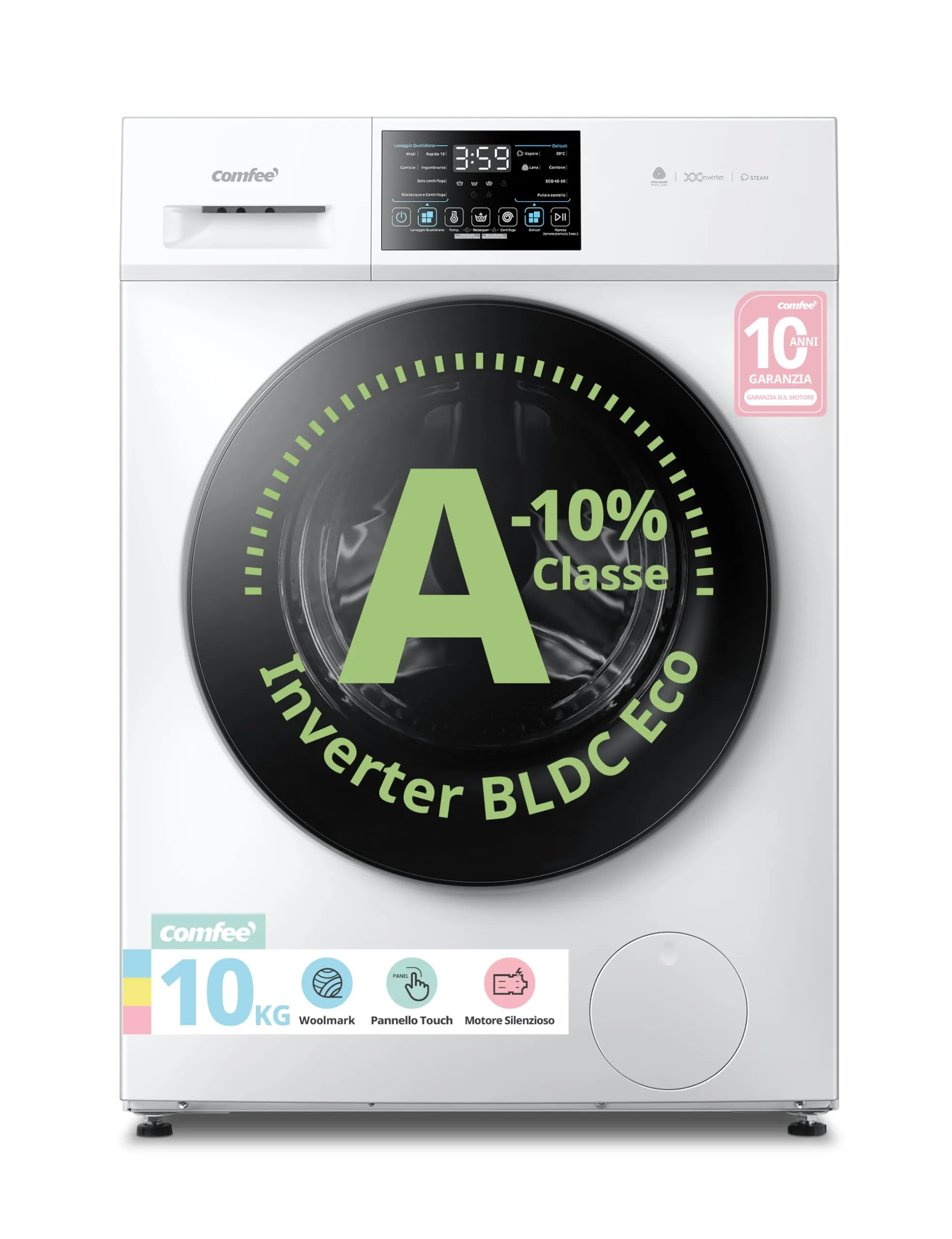 COMFEE' Lavatrice 10 kg Classe A-10% 1400 Giri Motore Inverter Silenzioso CFP03EW100W-IT - immagine 1