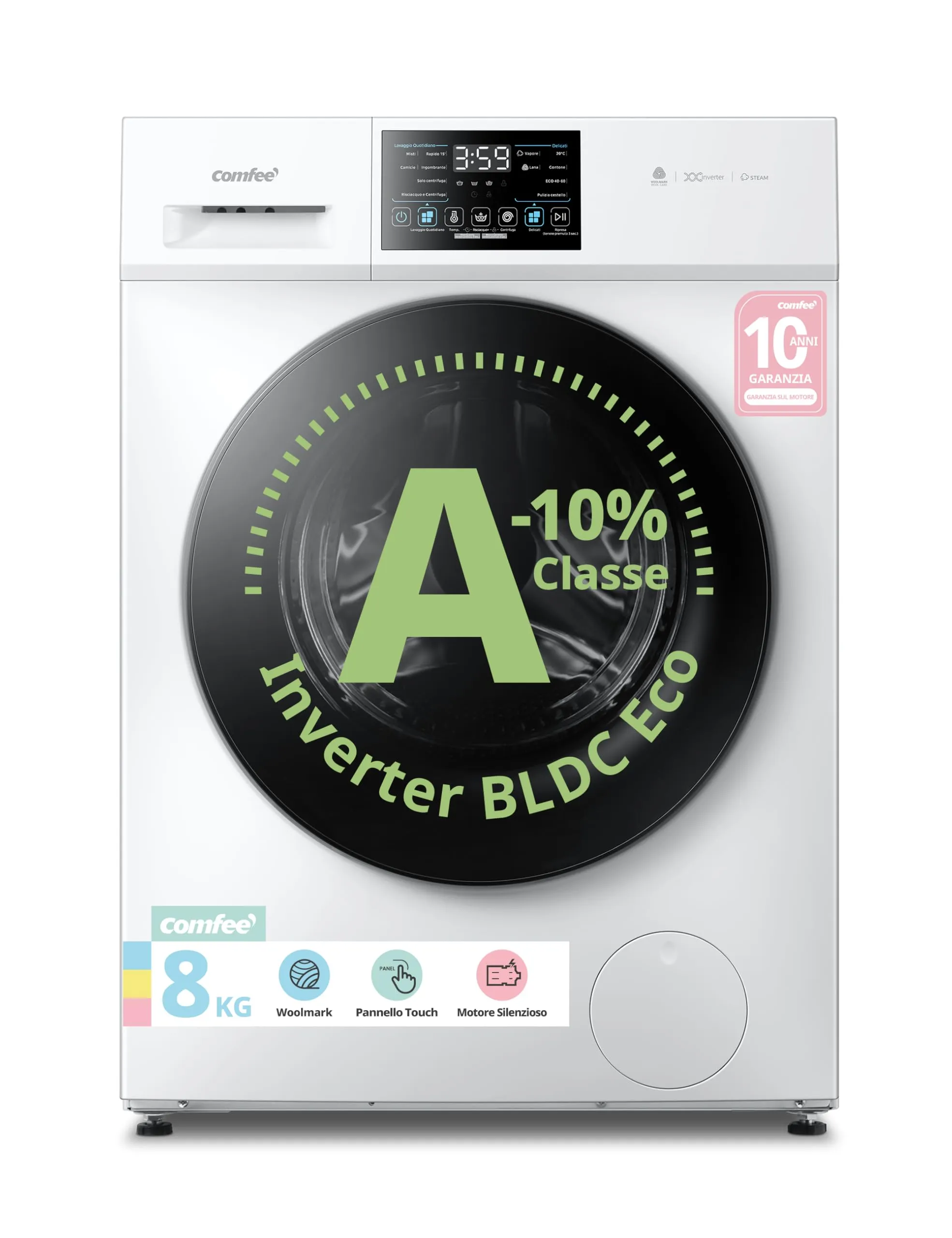 COMFEE' Lavatrice 8 kg Classe A-10% 1400 Giri Motore Inverter CFP03EW80W-IT - immagine 1