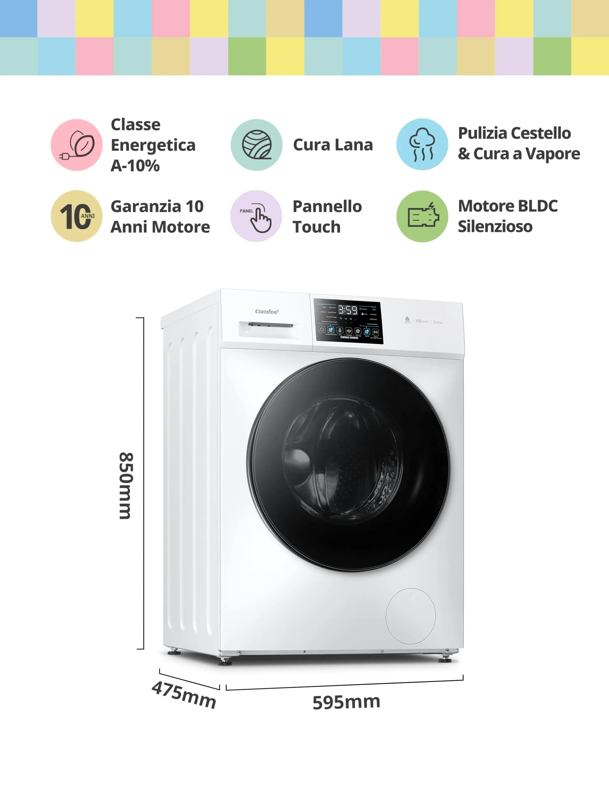 COMFEE' Lavatrice 8 kg Classe A-10% 1400 Giri Motore Inverter CFP03EW80W-IT - immagine 2
