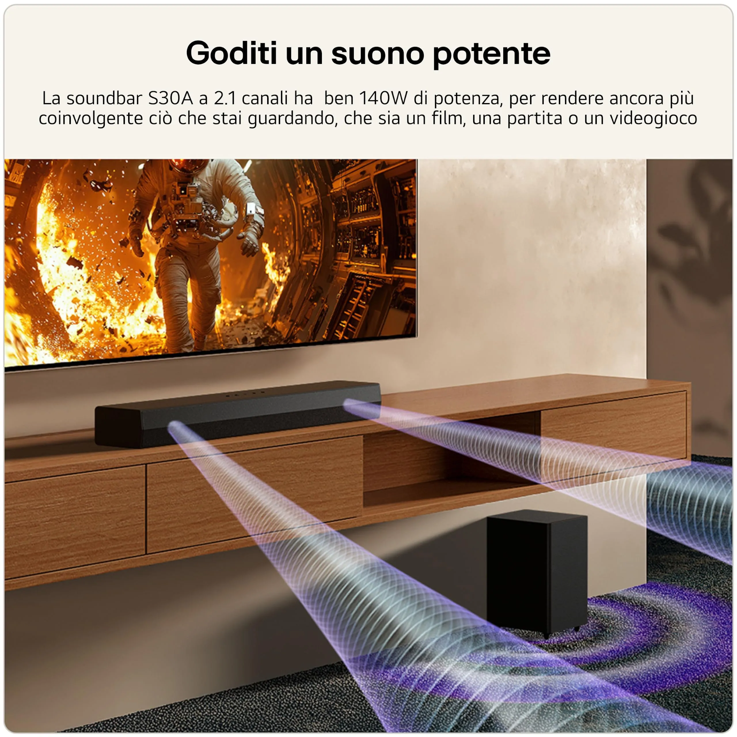 LG S30A Soundbar 140W, 2.1 Channel with Wireless Subwoofer, Black - immagine 3