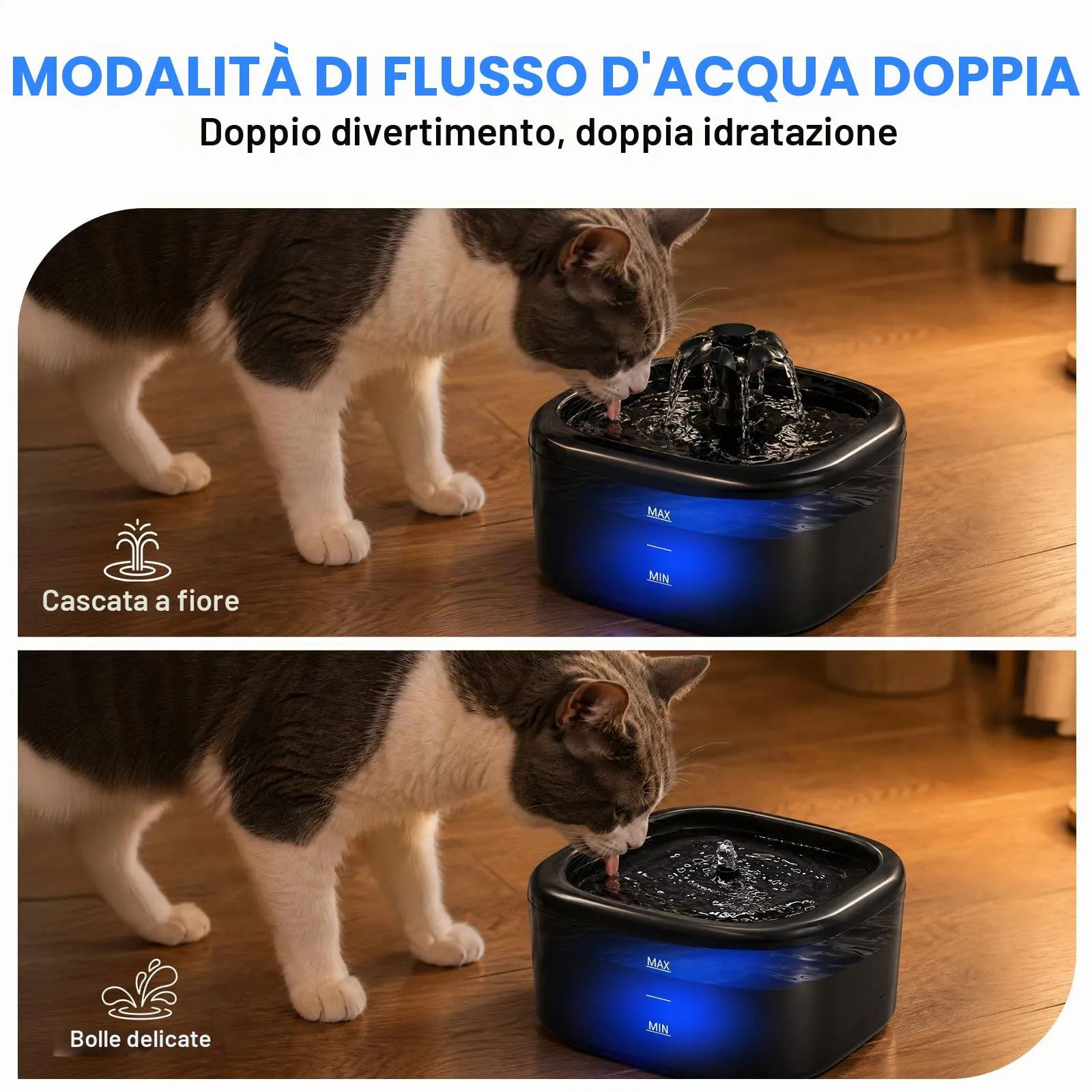 Nenozi Fontana per gatti e cani automatica da 2,2 l con pompa silenziosa, luce LED e filtro ai carboni attivi - immagine 3