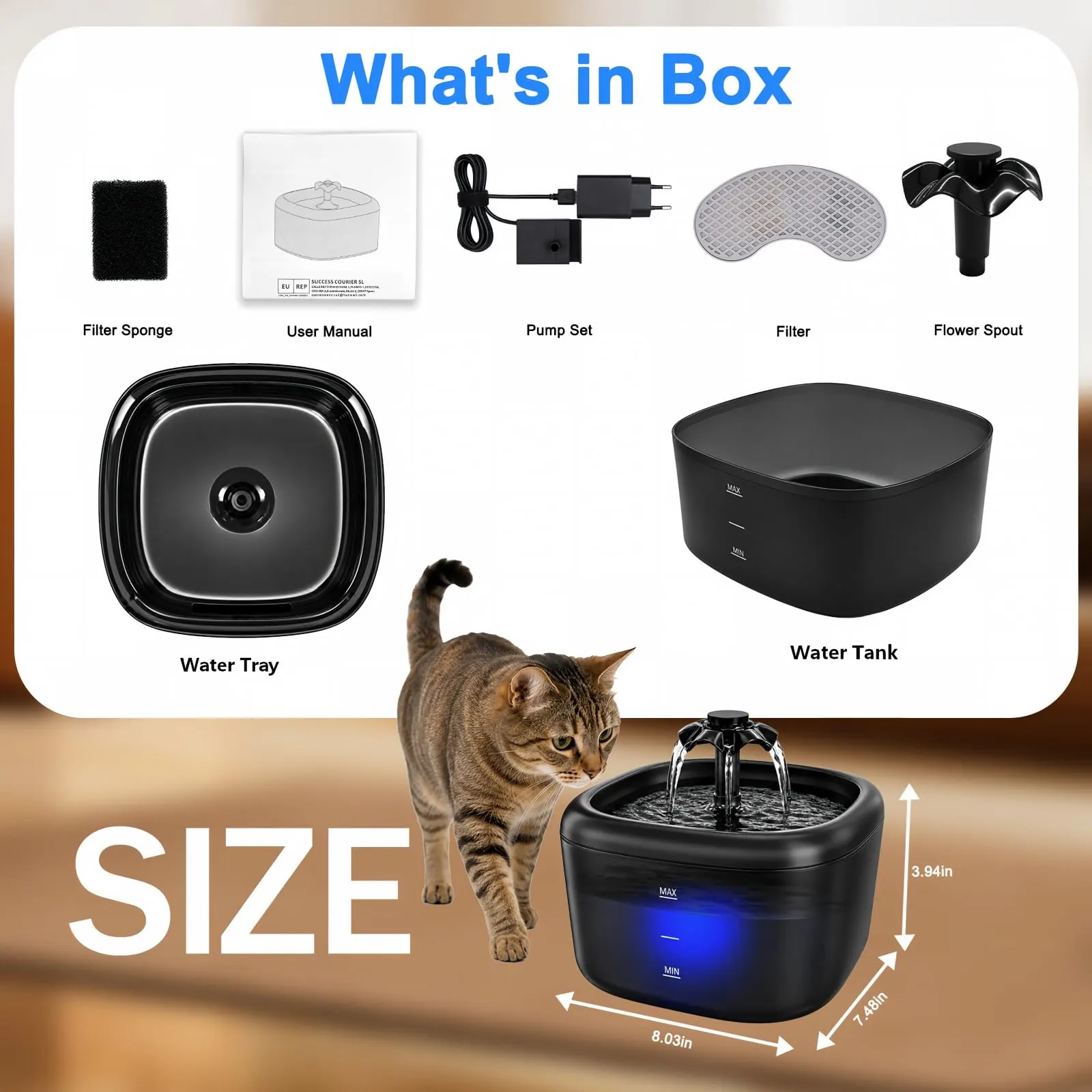 Nenozi Fontana per gatti e cani automatica da 2,2 l con pompa silenziosa, luce LED e filtro ai carboni attivi - immagine 7