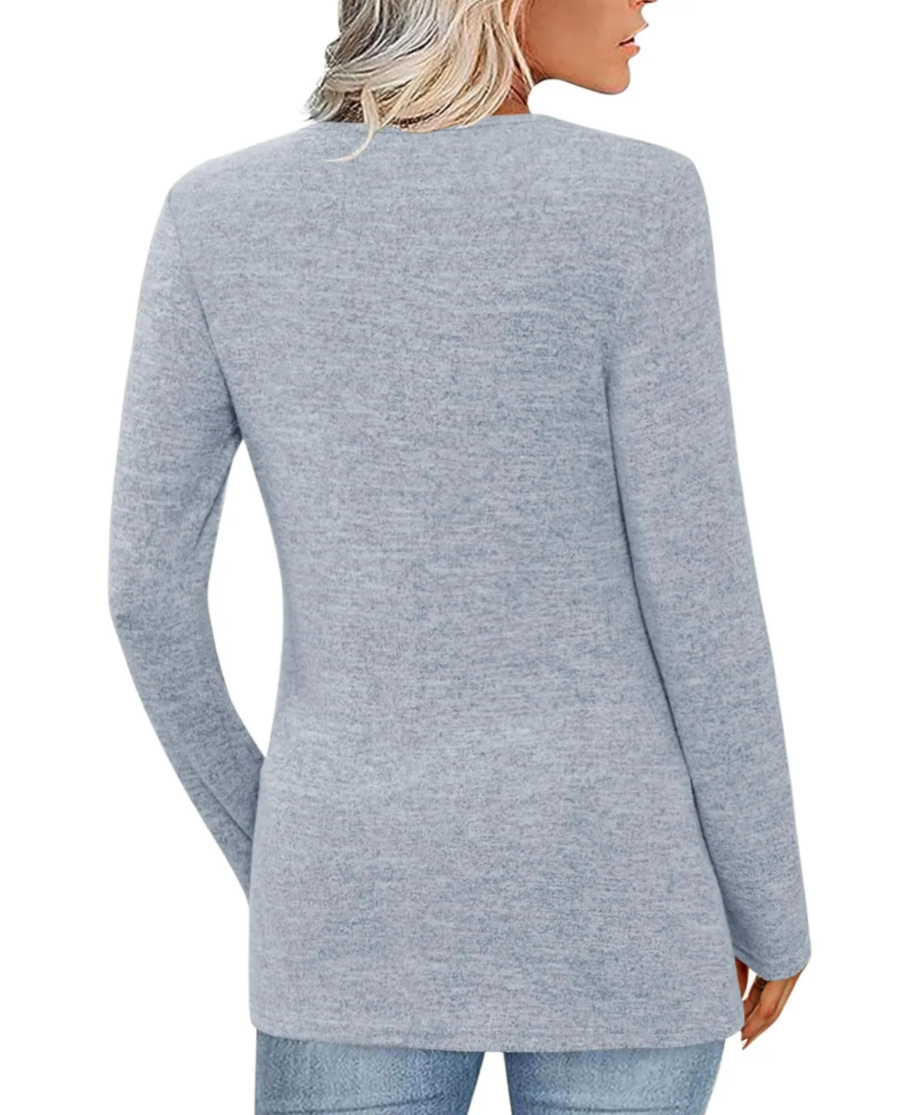 Fisoew Maglia Donna a Maniche Lunghe con Scollo a V, Azzurro, S - immagine 2