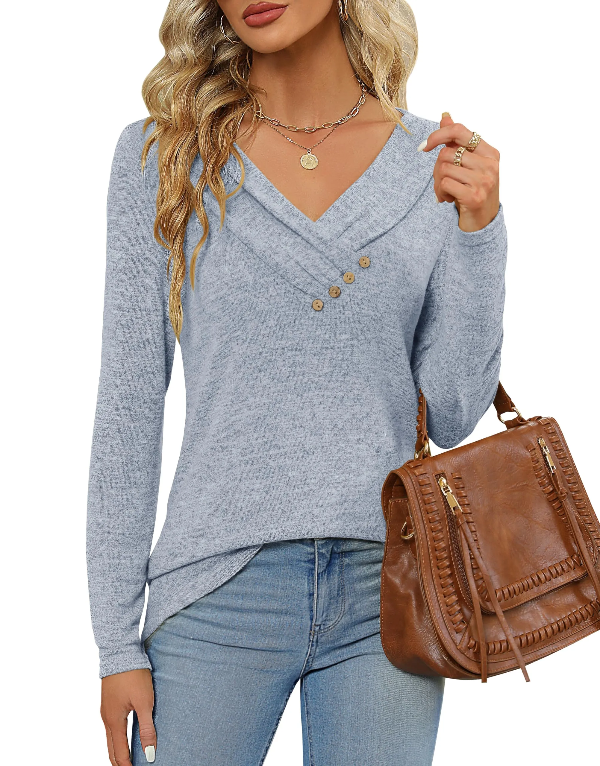 Fisoew Maglia Lunga da Donna a Maniche Lunghe con Scollo a V, Azzurro, L - immagine 3