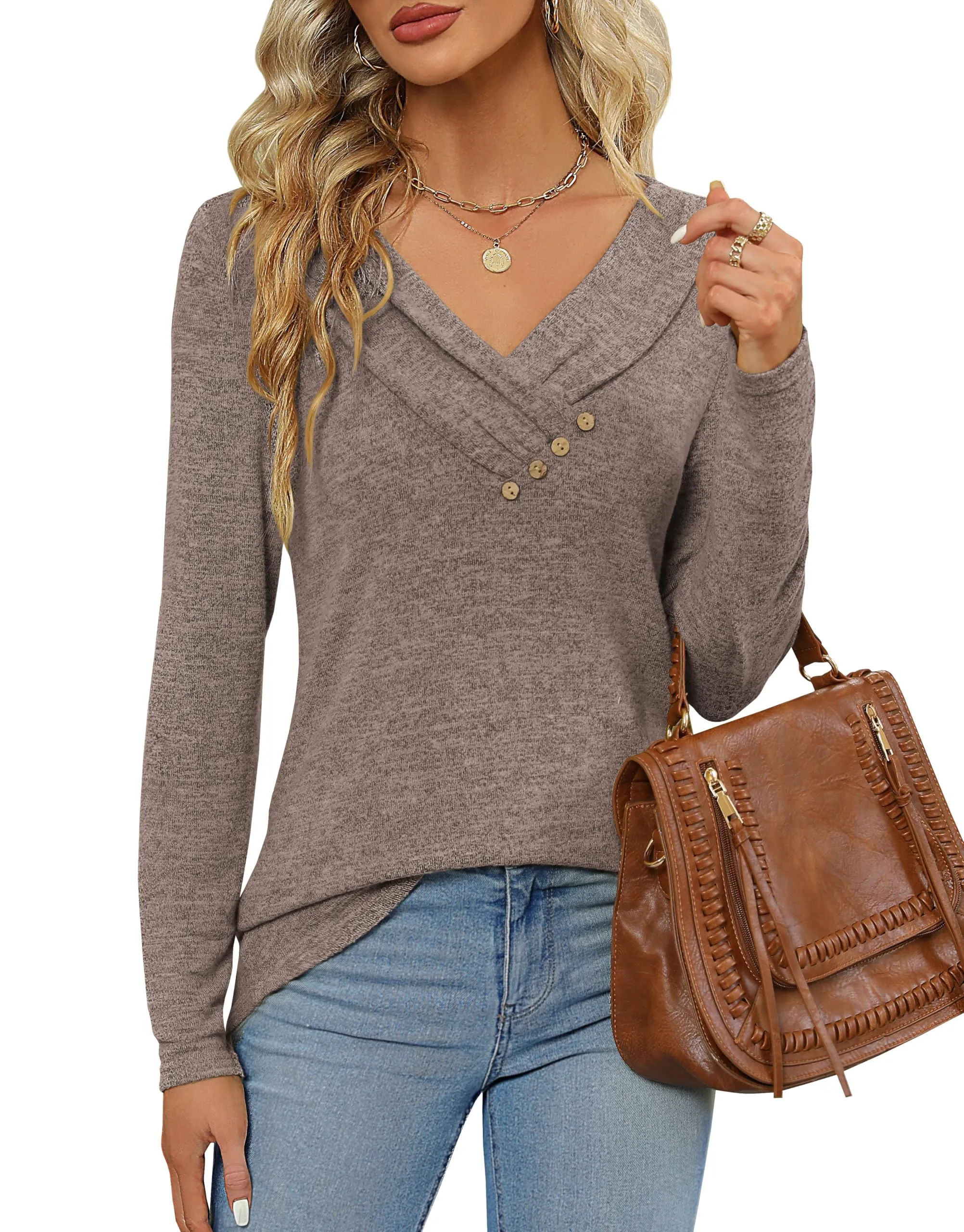 Fisoew Maglia Donna a Maniche Lunghe con Scollo a V, Caffè, M - immagine 3