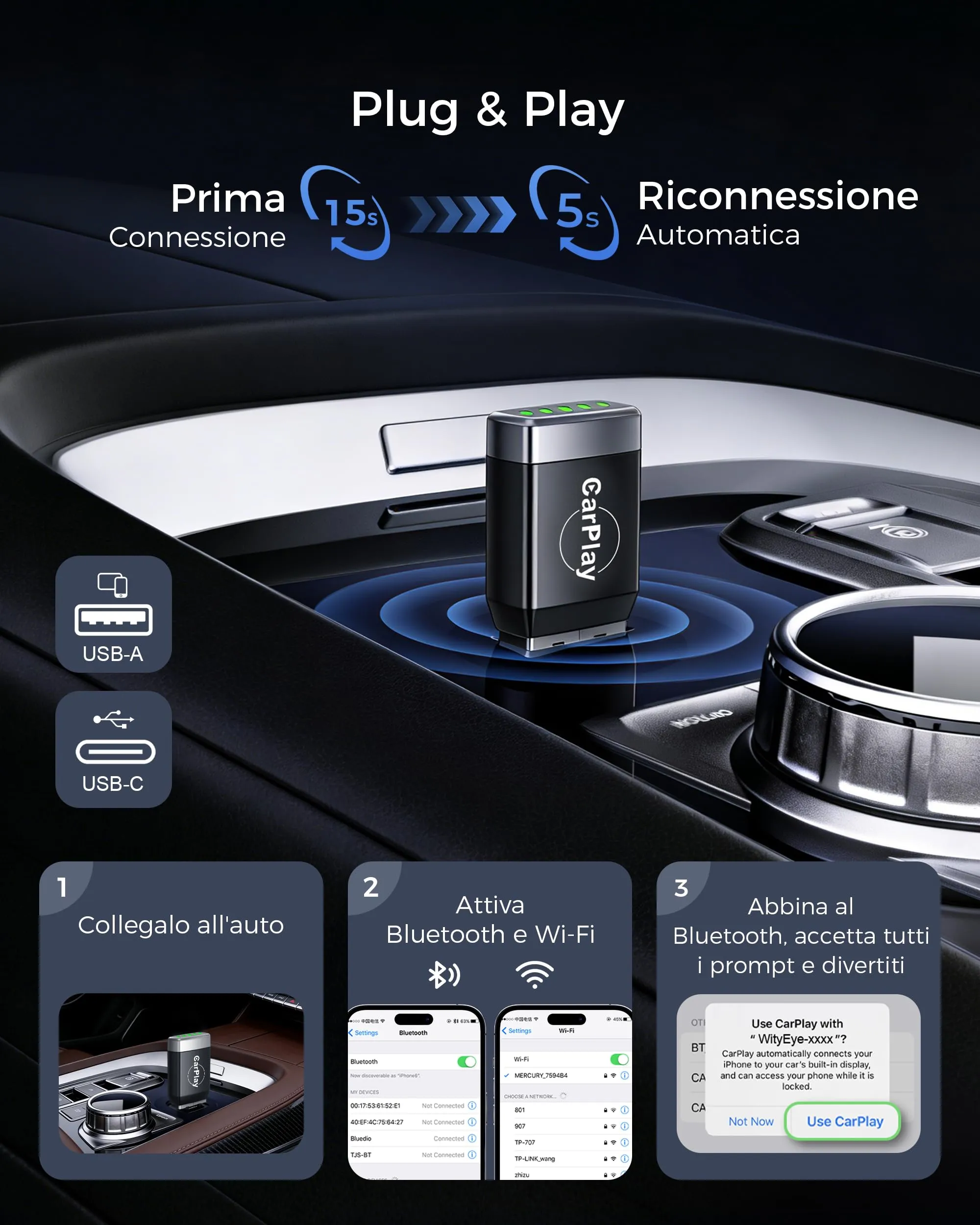 WityEye Mini Adattatore CarPlay e Android Auto Wireless B2 - immagine 5