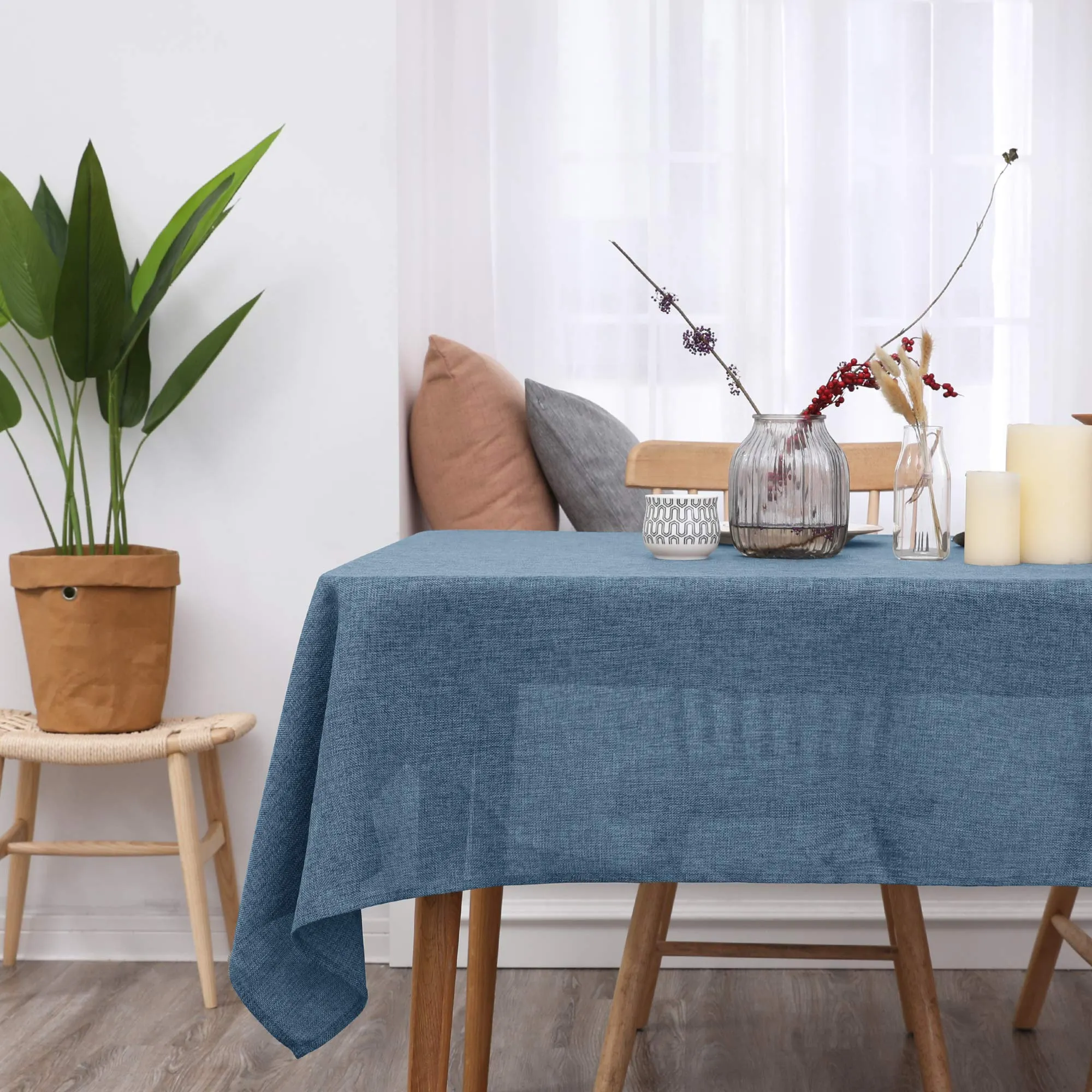 Deconovo Tovaglia Rettangolare in Finto Lino 130x280 cm, Blu Acciaio - immagine 2