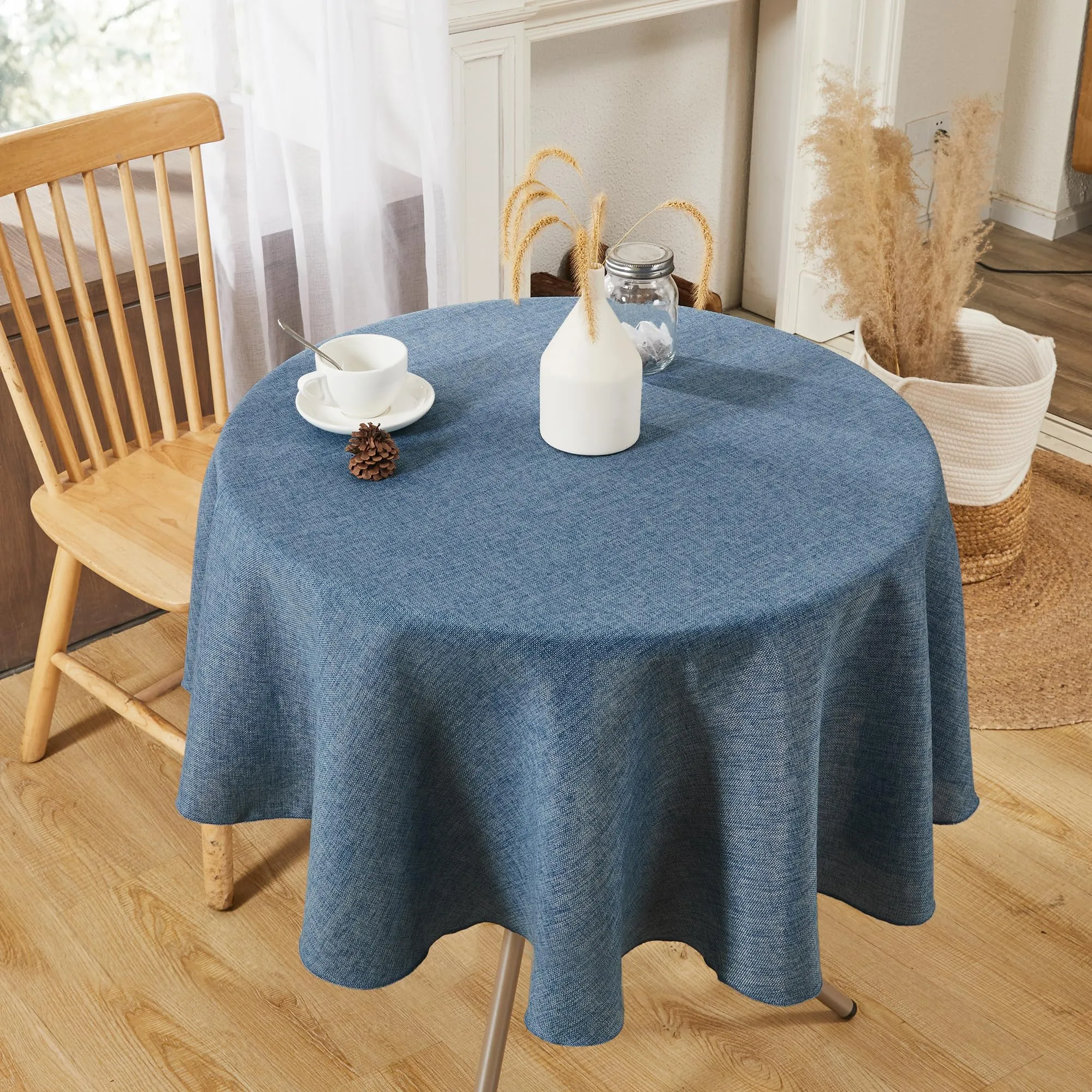 Deconovo Tovaglia Rotonda Effetto Lino, 140 cm, Blu Acciaio - immagine 2