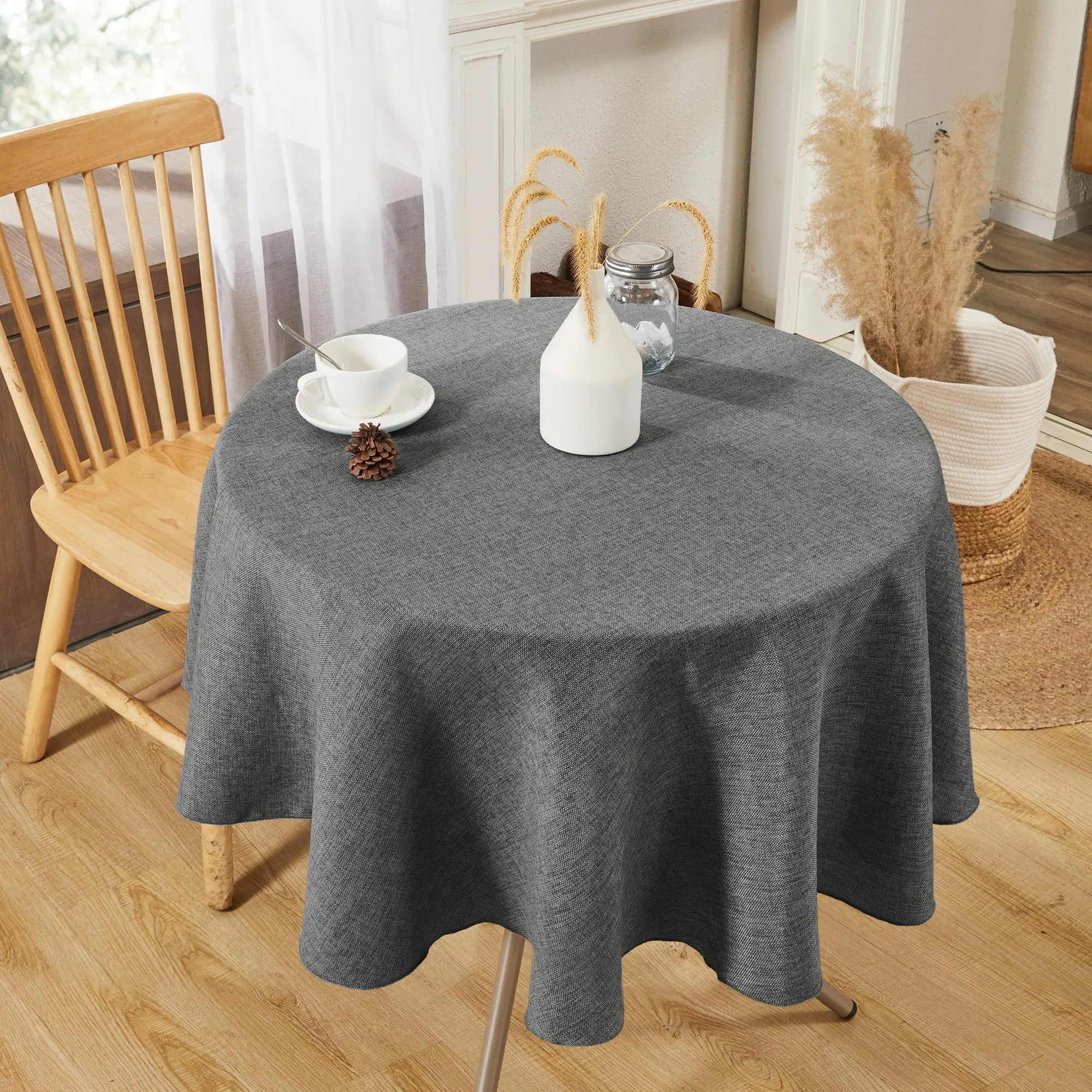 Deconovo Tovaglia Rotonda Effetto Lino, 140 cm, Grigio Scuro - immagine 2