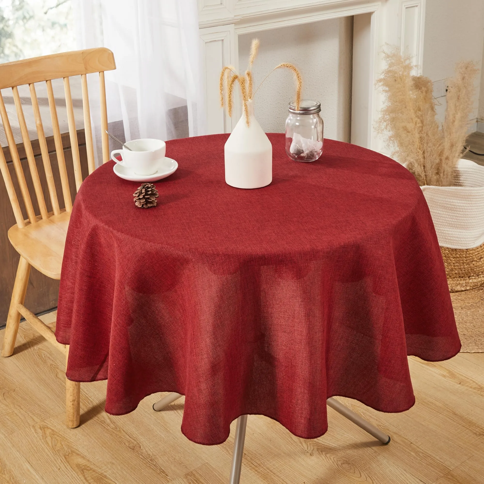 Deconovo Tovaglia Rotonda Effetto Lino, 140 cm, Rosso - immagine 2