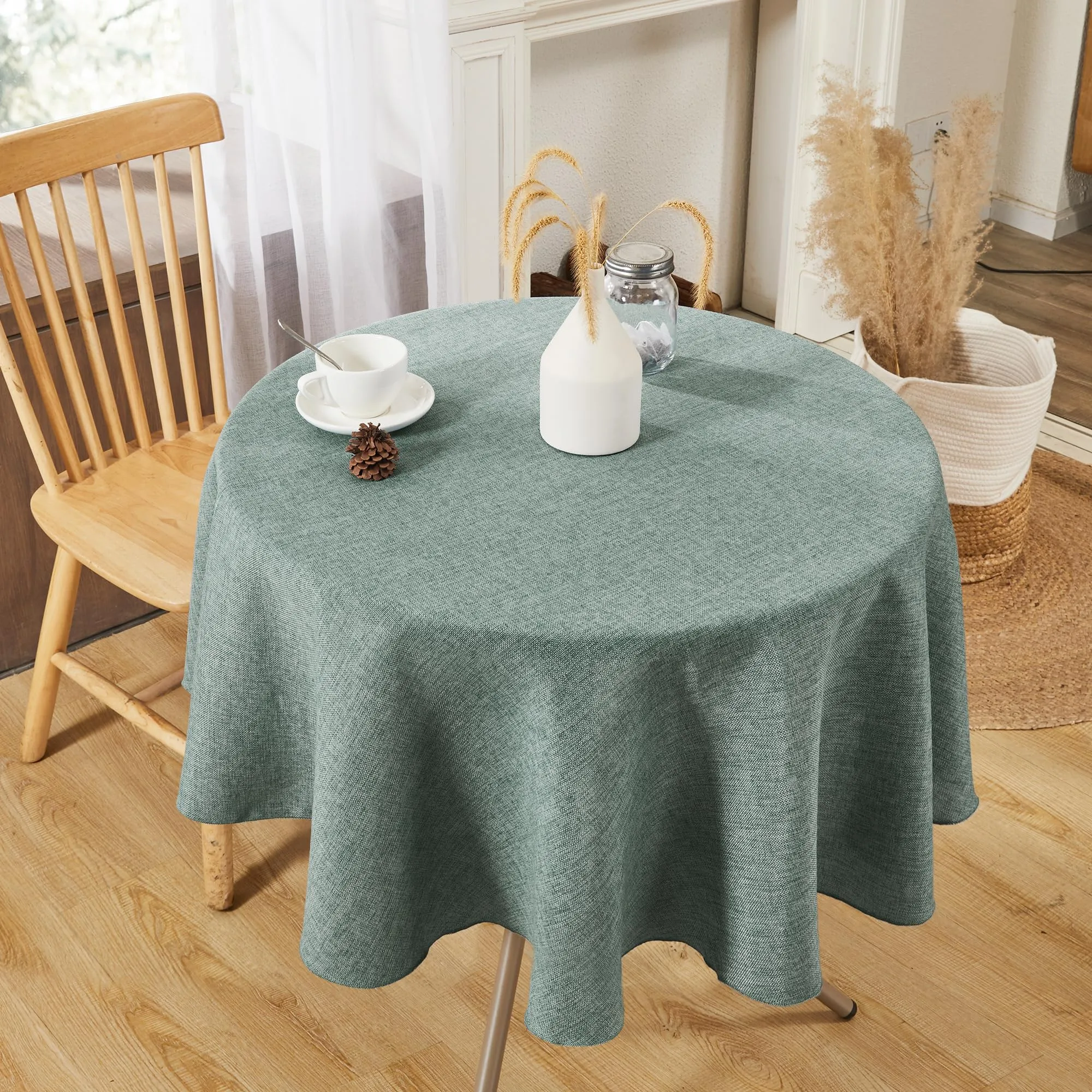 Deconovo Tovaglia Rotonda Effetto Lino, 140 cm, Verde Scuro - immagine 2