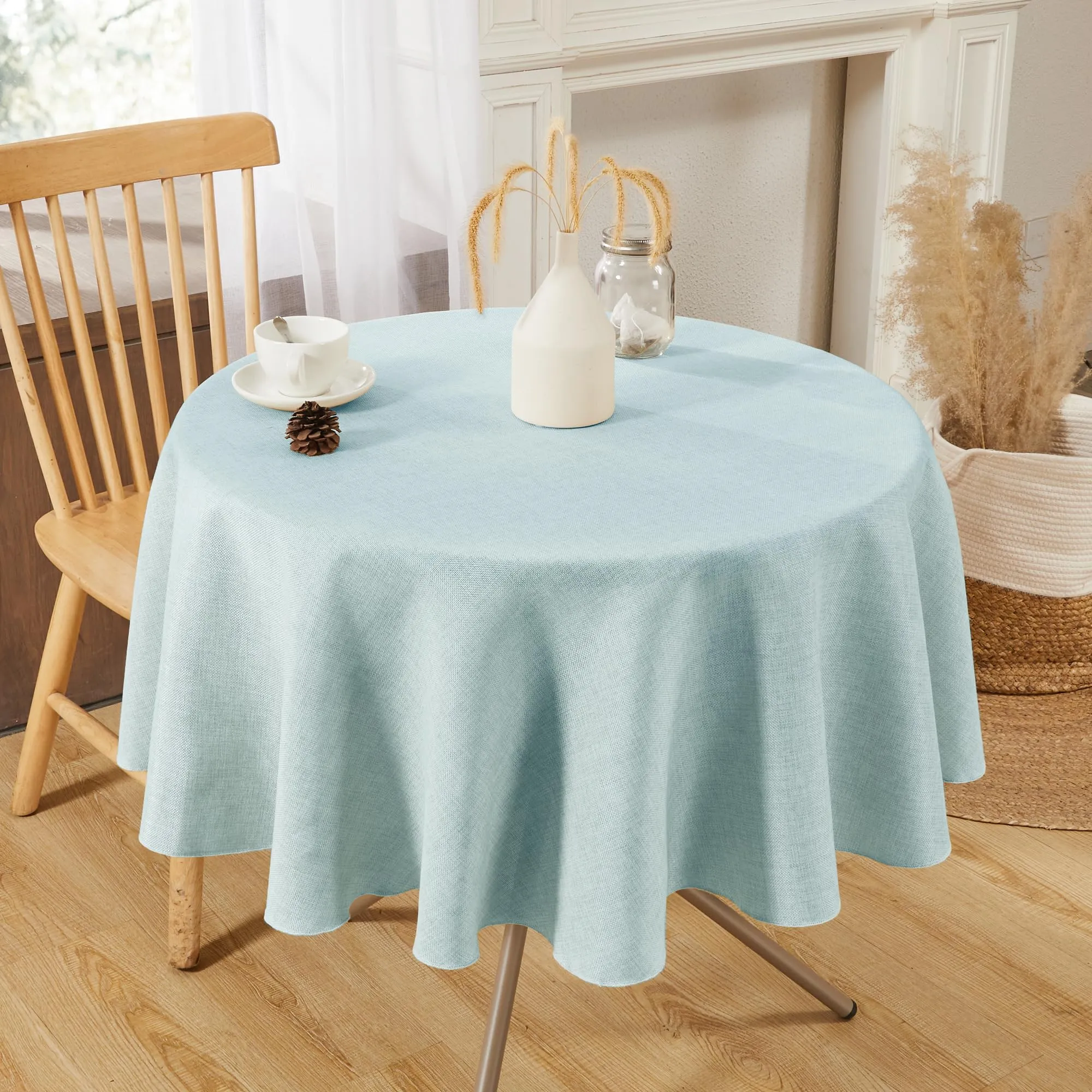 Deconovo Tovaglia Rotonda in Finto Lino, 140 cm, Blu Cielo - immagine 2