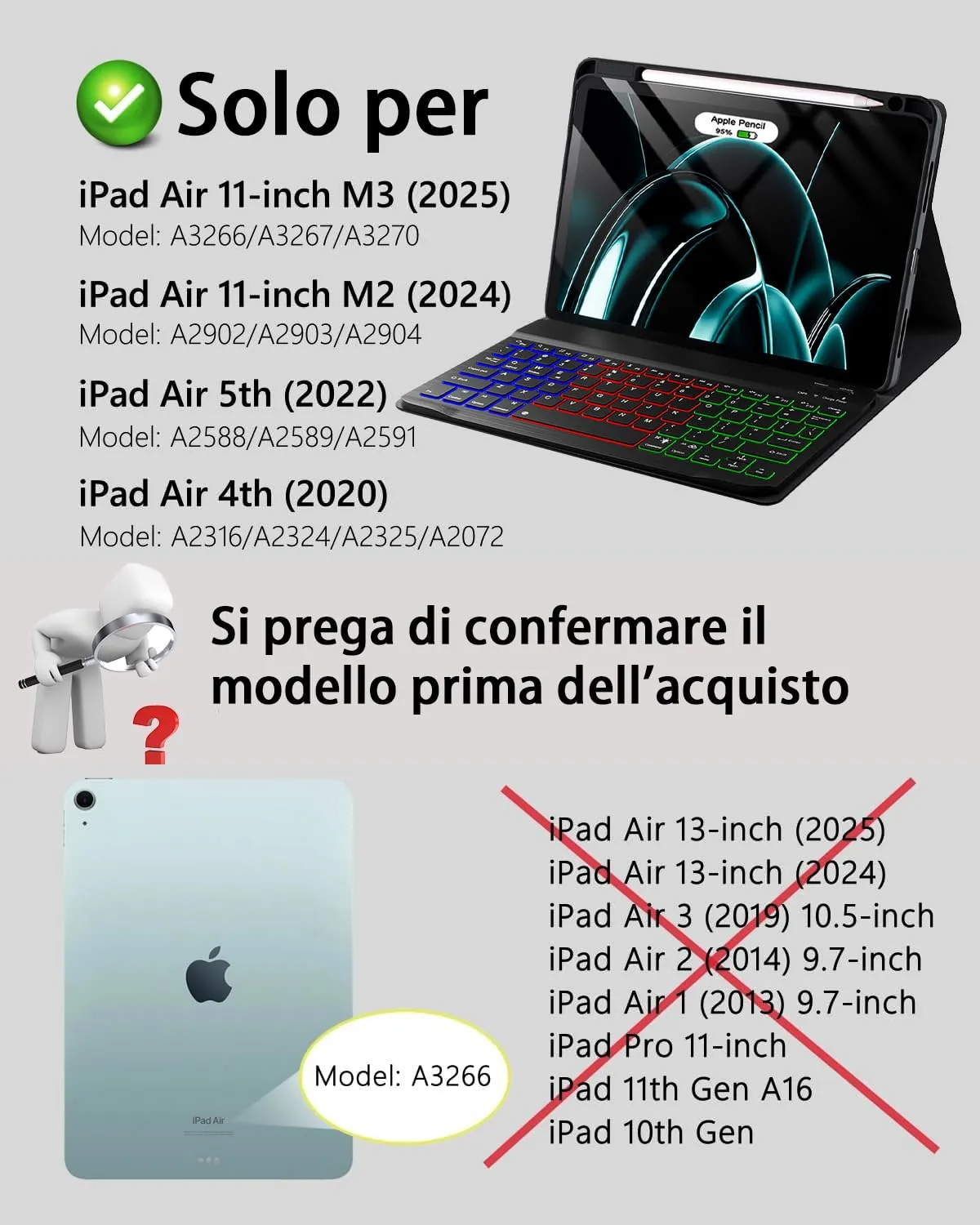 MicroTunk Keyboard Case with Bluetooth Mouse and Backlit Keyboard for iPad Air 11 (M4 2026/M3 2025/M2 2024) and iPad Air 5 (2022)/Air 4 (2020) 10.9 Inch, Italian QWERTY - immagine 2