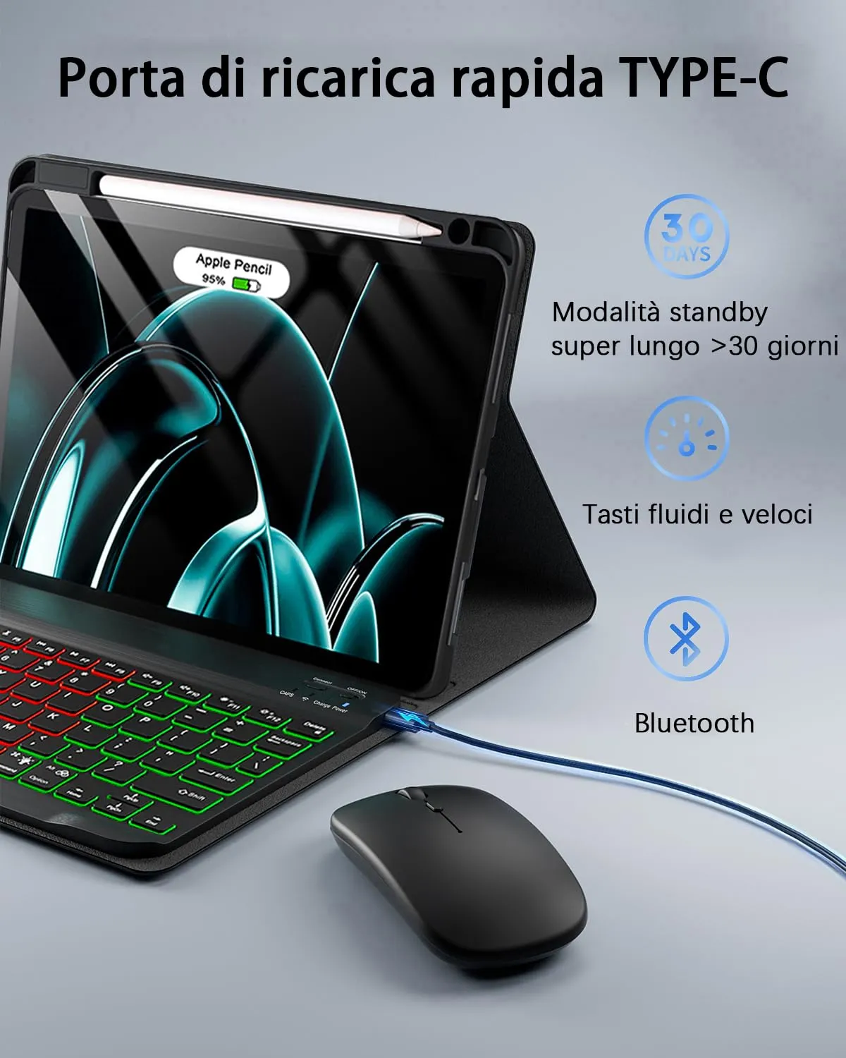 MicroTunk Keyboard Case with Bluetooth Mouse and Backlit Keyboard for iPad Air 11 (M4 2026/M3 2025/M2 2024) and iPad Air 5 (2022)/Air 4 (2020) 10.9 Inch, Italian QWERTY - immagine 4
