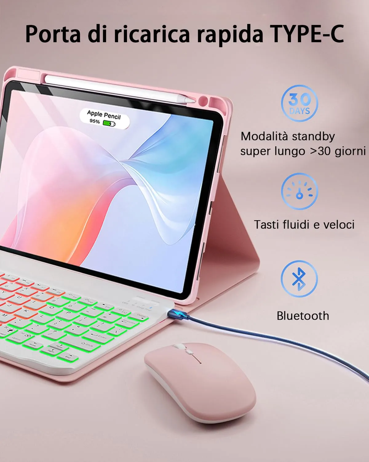 MicroTunk Tastiera Retroilluminata e Mouse Bluetooth Case per iPad Air 11 (M4 2026 / M3 2025 / M2 2024) e iPad Air 5 (2022) / Air 4 (2020) 10.9 Pollici, Layout Italiano QWERTY - immagine 4