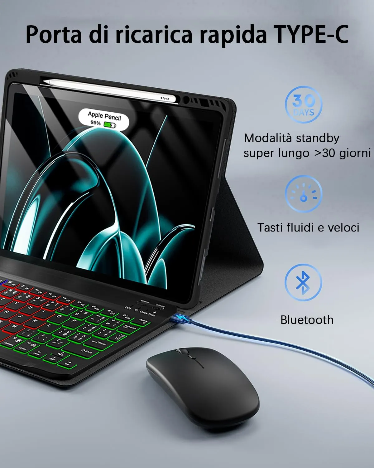 MicroTunk Keyboard Case for iPad Air 13 (M4 2026/M3 2025/M2 2024) and iPad Pro 12.9 (6th/5th/4th/3rd Gen), Wireless Bluetooth Backlit Italian QWERTY Keyboard and Mouse - immagine 4