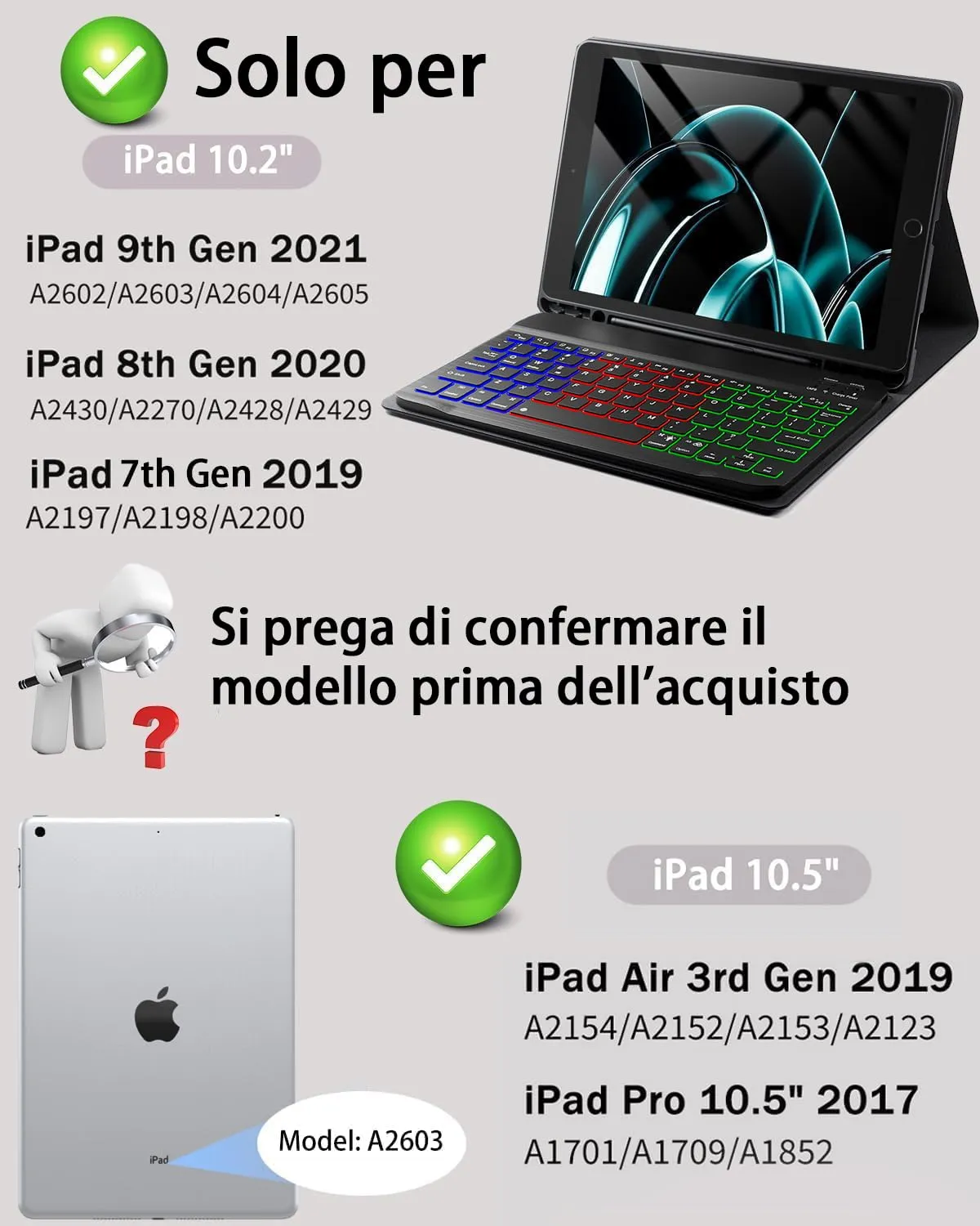 MicroTunk Custodia con Tastiera Retroilluminata e Mouse per iPad 9/8/7 Generazione 10.2 Pollici, iPad Air 3, iPad Pro 10.5, Bluetooth Italiano QWERTY - immagine 2