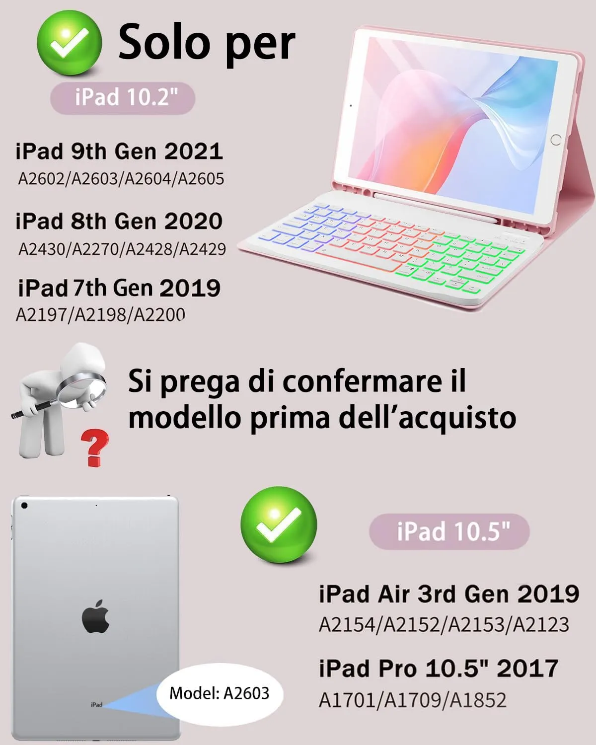 MicroTunk Cover con Tastiera Retroilluminata e Mouse Bluetooth per iPad 9ª/8ª/7ª Generazione 10.2", iPad Air 3 10.2", iPad Pro 10.5" (2017), Layout Italiano QWERTY - immagine 2