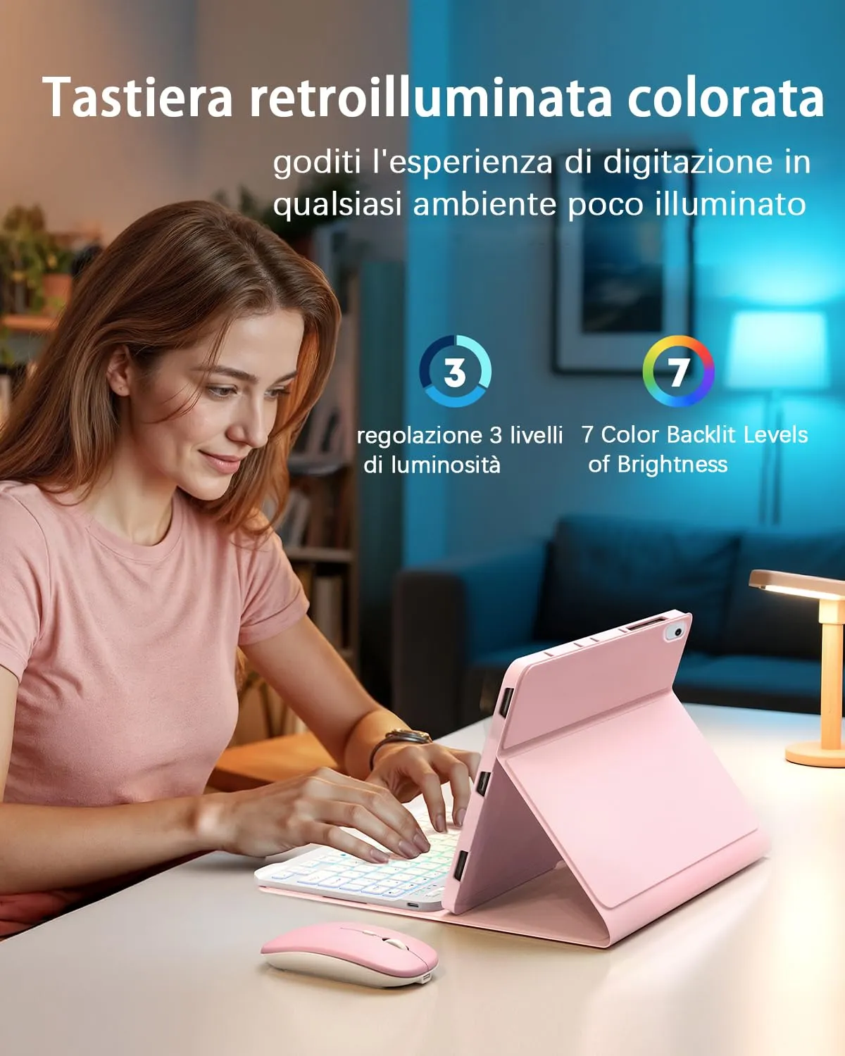 MicroTunk Cover con Tastiera Retroilluminata e Mouse Bluetooth per iPad 9ª/8ª/7ª Generazione 10.2", iPad Air 3 10.2", iPad Pro 10.5" (2017), Layout Italiano QWERTY - immagine 6