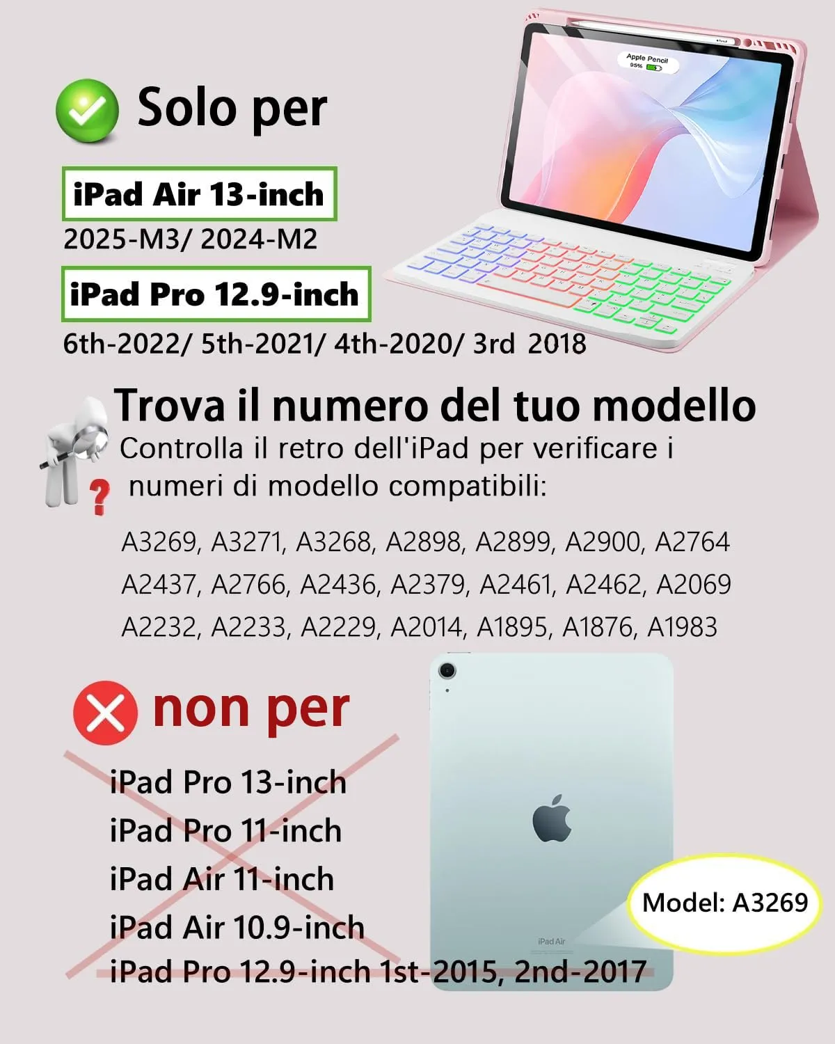 MicroTunk Keyboard Case with Wireless Bluetooth Backlit Italian QWERTY Keyboard and Mouse for iPad Air 13 (M4 2026/M3 2025/M2 2024) and iPad Pro 12.9 (6th/5th/4th/3rd Gen) - immagine 2