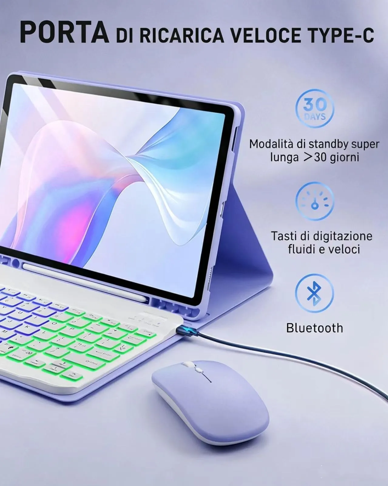 MicroTunk Keyboard Case with Backlit Keyboard and Mouse for iPad 11th Generation (2025) 11" and iPad 10th Generation (2022) 10.9", Italian QWERTY, Purple - immagine 4