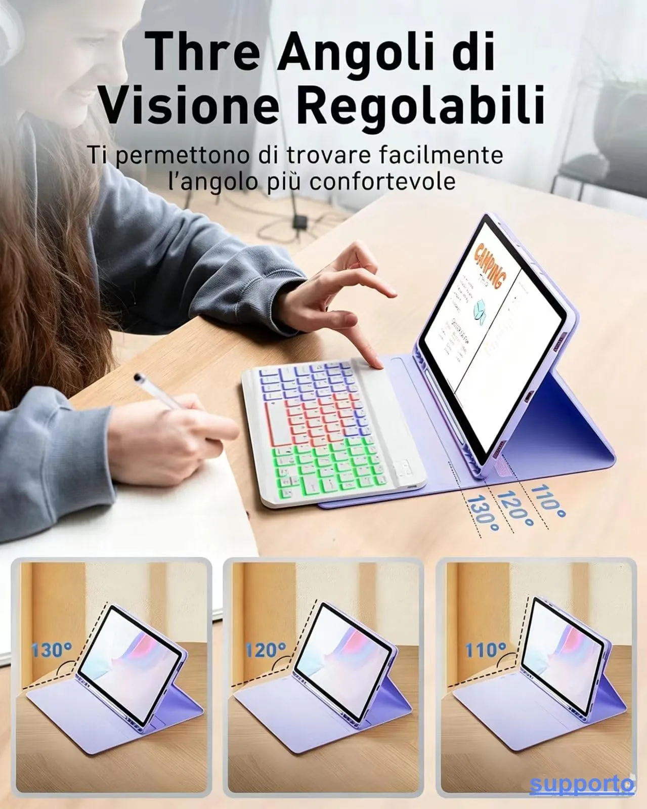 MicroTunk Keyboard Case with Backlit Keyboard and Mouse for iPad 11th Generation (2025) 11" and iPad 10th Generation (2022) 10.9", Italian QWERTY, Purple - immagine 5