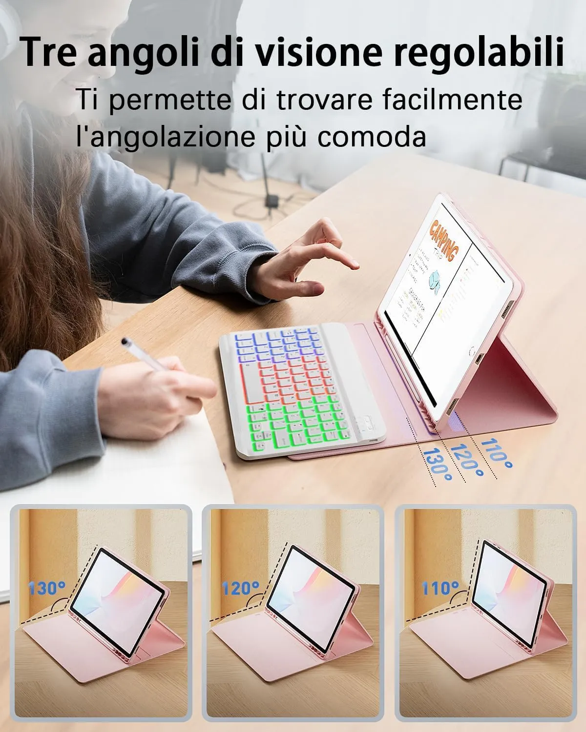 MicroTunk Keyboard Case with Backlit Keyboard and Mouse for iPad 11th Gen (2025) and iPad 10th Gen (2022) 10.9-11 inch, Italian QWERTY, Rosa - immagine 5