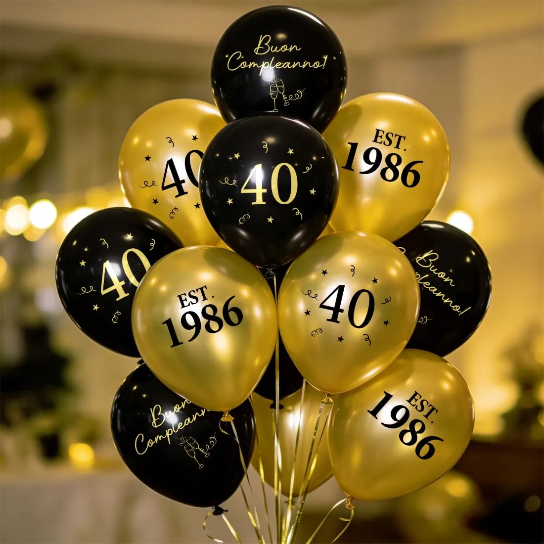 PopLuxe Decorazioni per 40° Compleanno, Set 24 Palloncini Nero Oro con Scritte Est. 1986 e Buon Compleanno, 30 cm - immagine 4