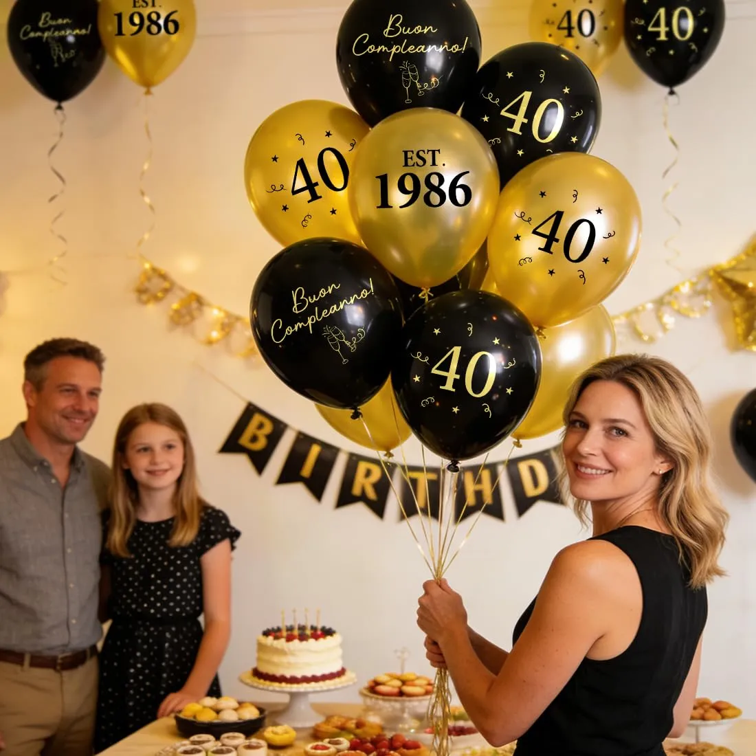 PopLuxe Decorazioni per 40° Compleanno, Set 24 Palloncini Nero Oro con Scritte Est. 1986 e Buon Compleanno, 30 cm - immagine 5