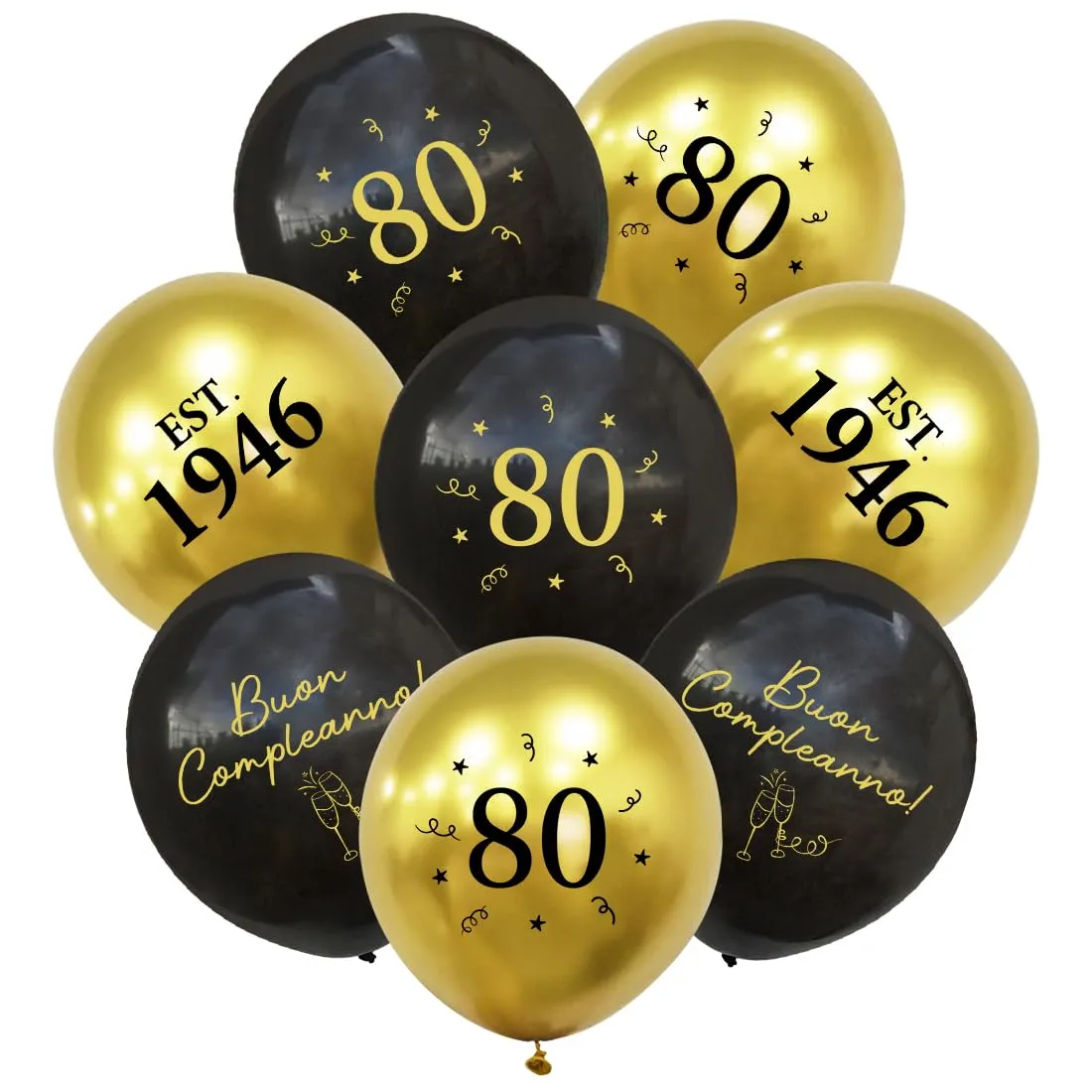 PopLuxe Decorazioni per 80° Compleanno, Set di 24 Palloncini Nero Oro con Scritte 1946 e Buon Compleanno - immagine 1
