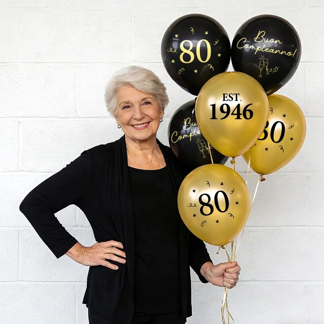 PopLuxe Decorazioni per 80° Compleanno, Set di 24 Palloncini Nero Oro con Scritte 1946 e Buon Compleanno - immagine 3