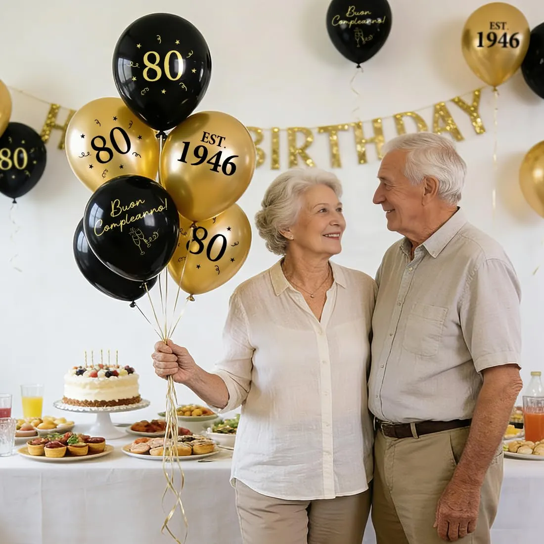 PopLuxe Decorazioni per 80° Compleanno, Set di 24 Palloncini Nero Oro con Scritte 1946 e Buon Compleanno - immagine 5