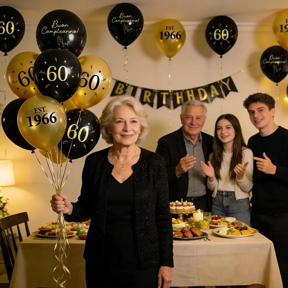 PopLuxe Decorazioni per 60° Compleanno, Set di 24 Palloncini Nero e Oro con Scritte 1966 e Buon Compleanno, 30 cm - immagine 5