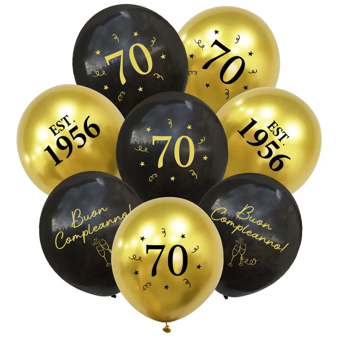 PopLuxe Decorazioni 70° Compleanno, Set di 24 Palloncini Nero e Oro, Est. 1956 - immagine 1