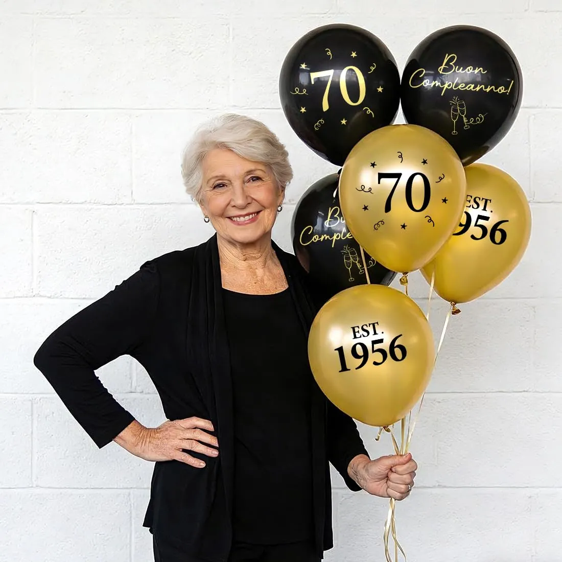 PopLuxe Decorazioni 70° Compleanno, Set di 24 Palloncini Nero e Oro, Est. 1956 - immagine 3