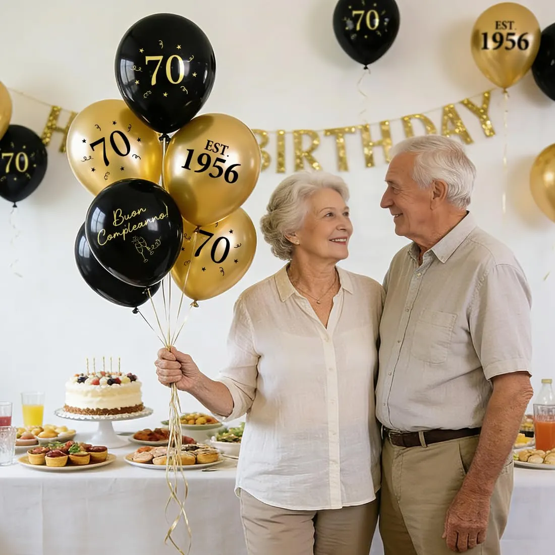 PopLuxe Decorazioni 70° Compleanno, Set di 24 Palloncini Nero e Oro, Est. 1956 - immagine 5