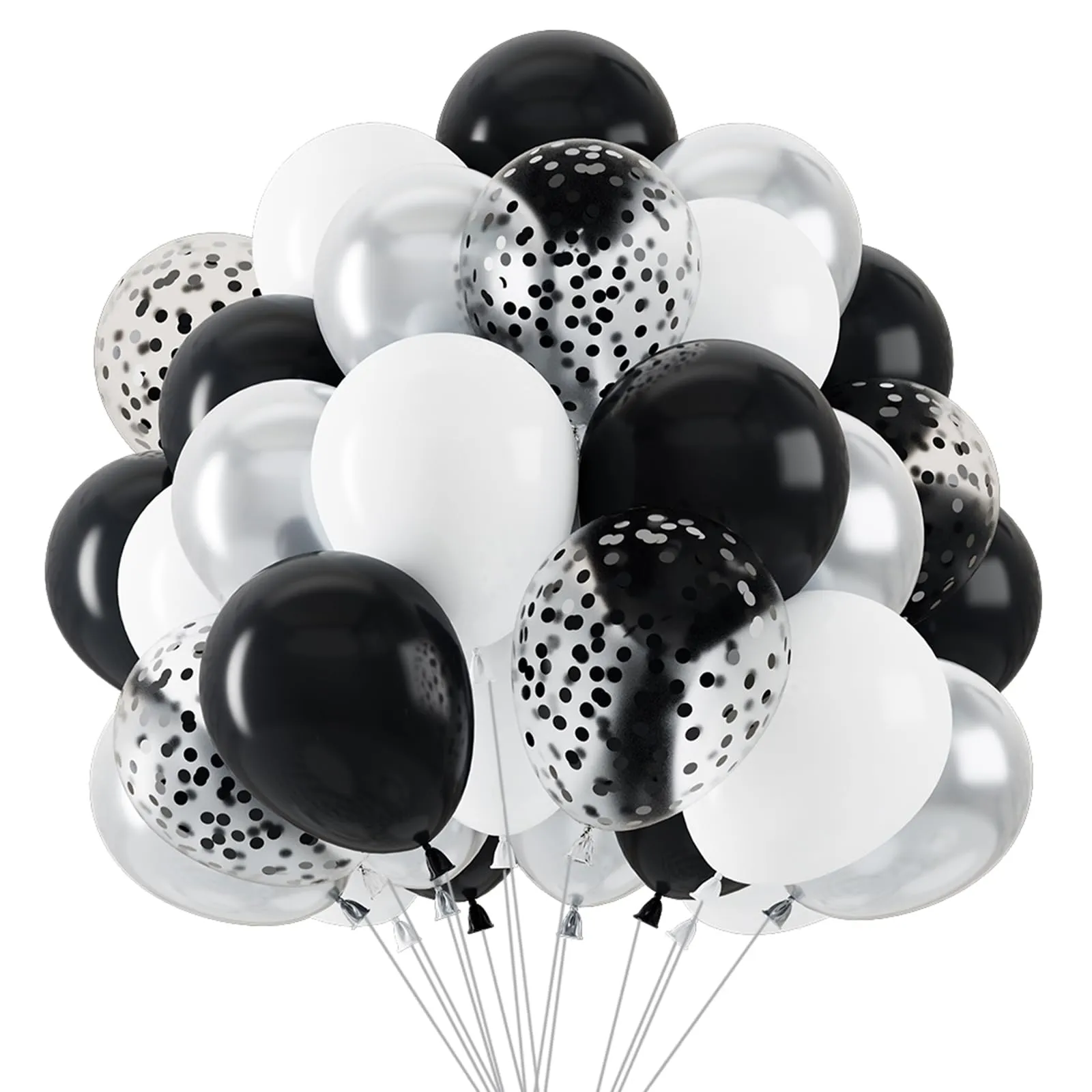 Netnology Set di 68 Palloncini 12 Pollici Nero, Bianco e Argento con Coriandoli - immagine 1
