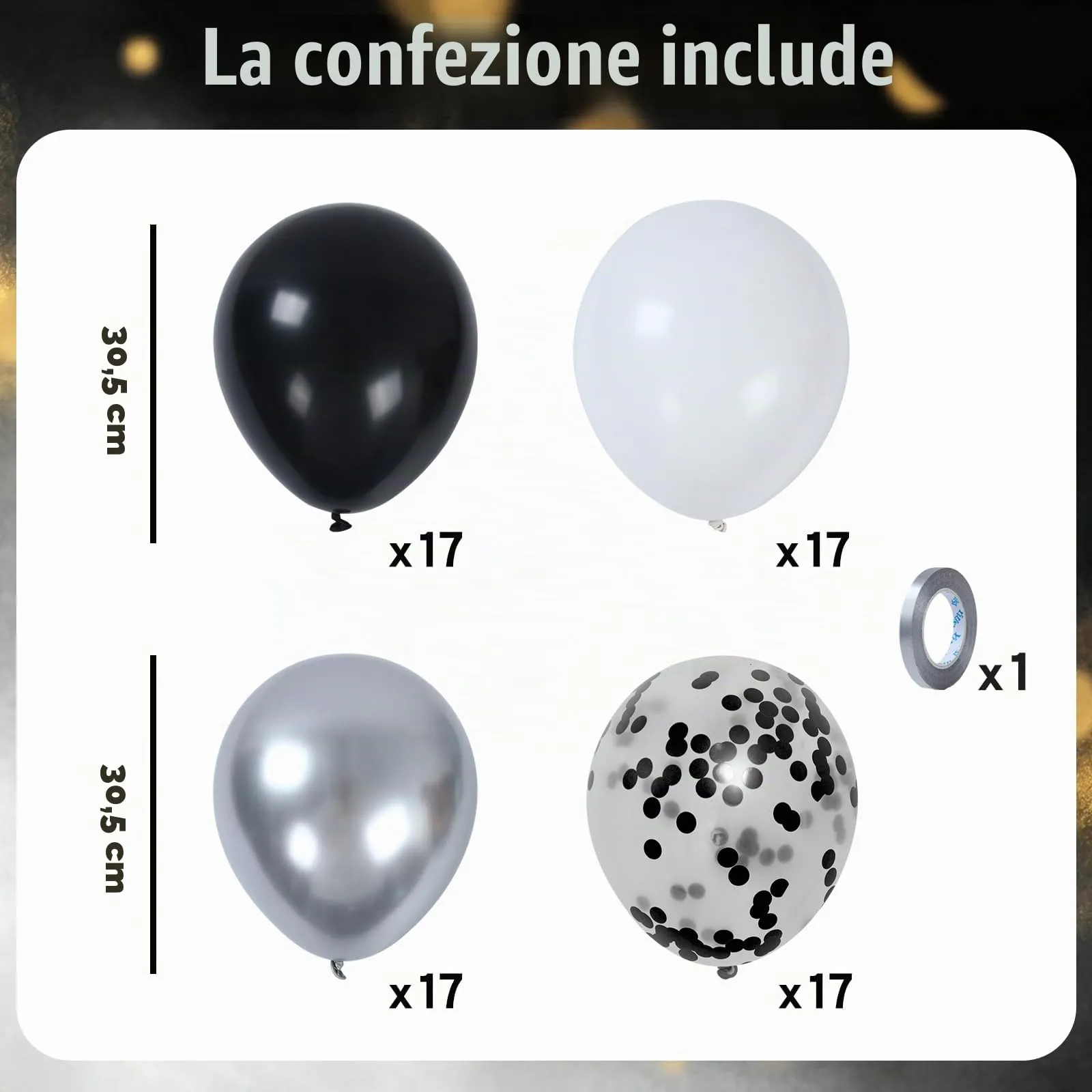 Netnology Set di 68 Palloncini 12 Pollici Nero, Bianco e Argento con Coriandoli - immagine 2