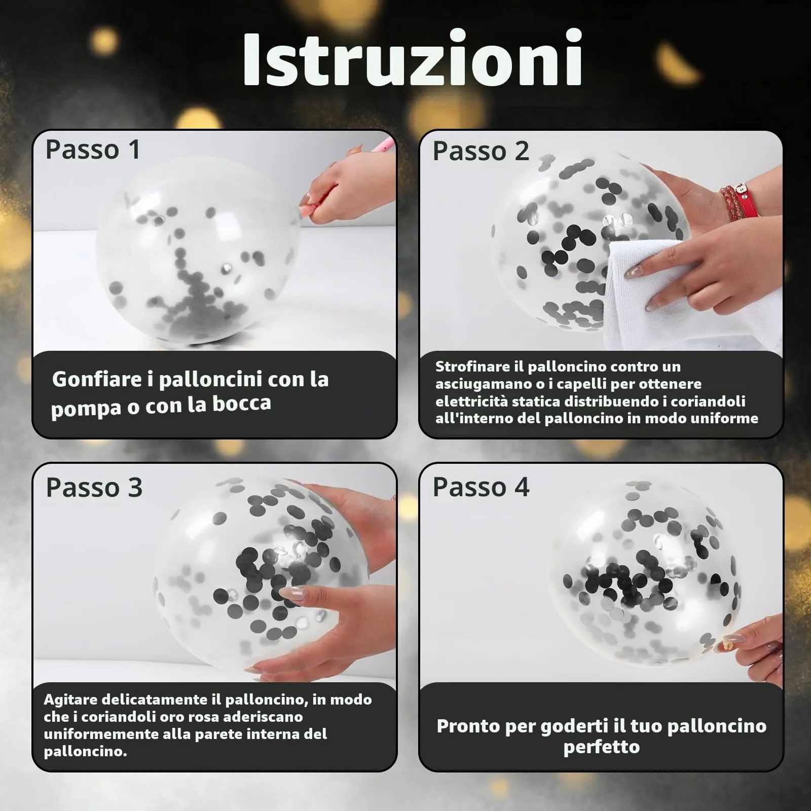 Netnology Set di 68 Palloncini 12 Pollici Nero, Bianco e Argento con Coriandoli - immagine 3