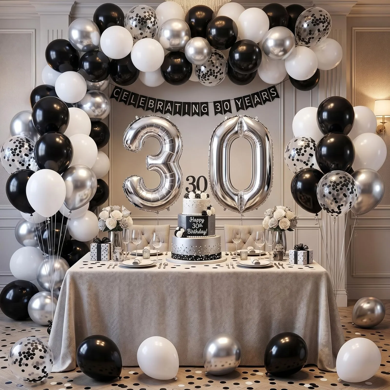 Netnology Set di 68 Palloncini 12 Pollici Nero, Bianco e Argento con Coriandoli - immagine 4