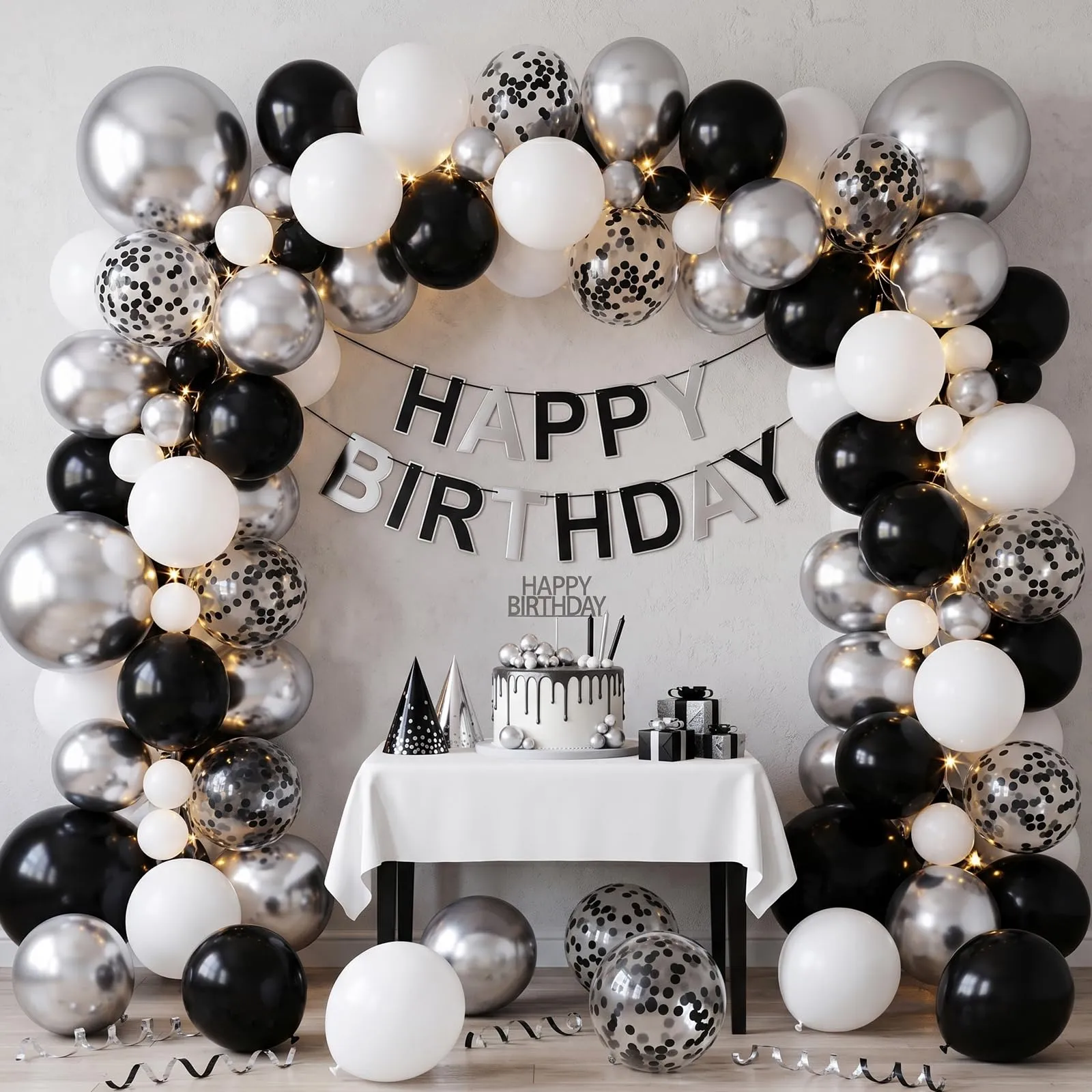 Netnology Set di 68 Palloncini 12 Pollici Nero, Bianco e Argento con Coriandoli - immagine 6