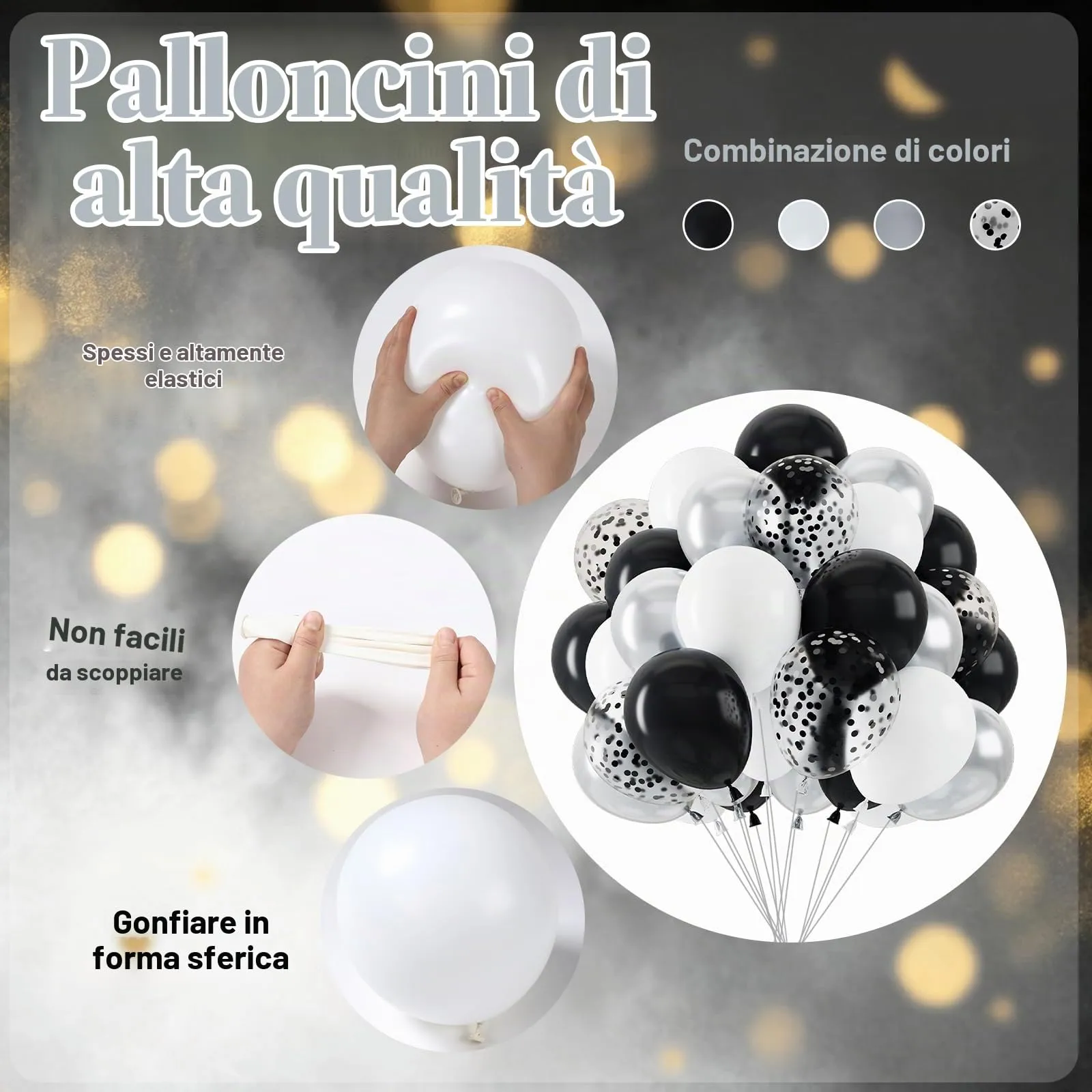 Netnology Set di 68 Palloncini 12 Pollici Nero, Bianco e Argento con Coriandoli - immagine 7