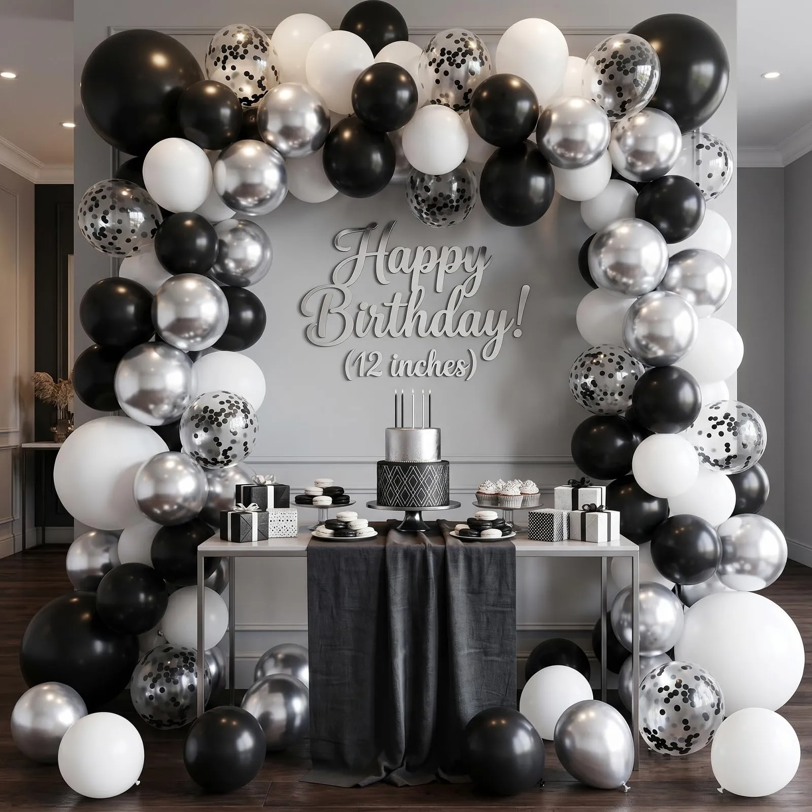 Netnology Set di 68 Palloncini 12 Pollici Nero, Bianco e Argento con Coriandoli - immagine 8